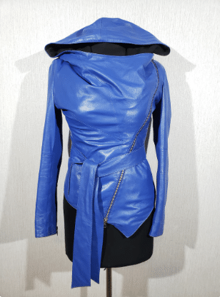 bright blue hooded leather jacket