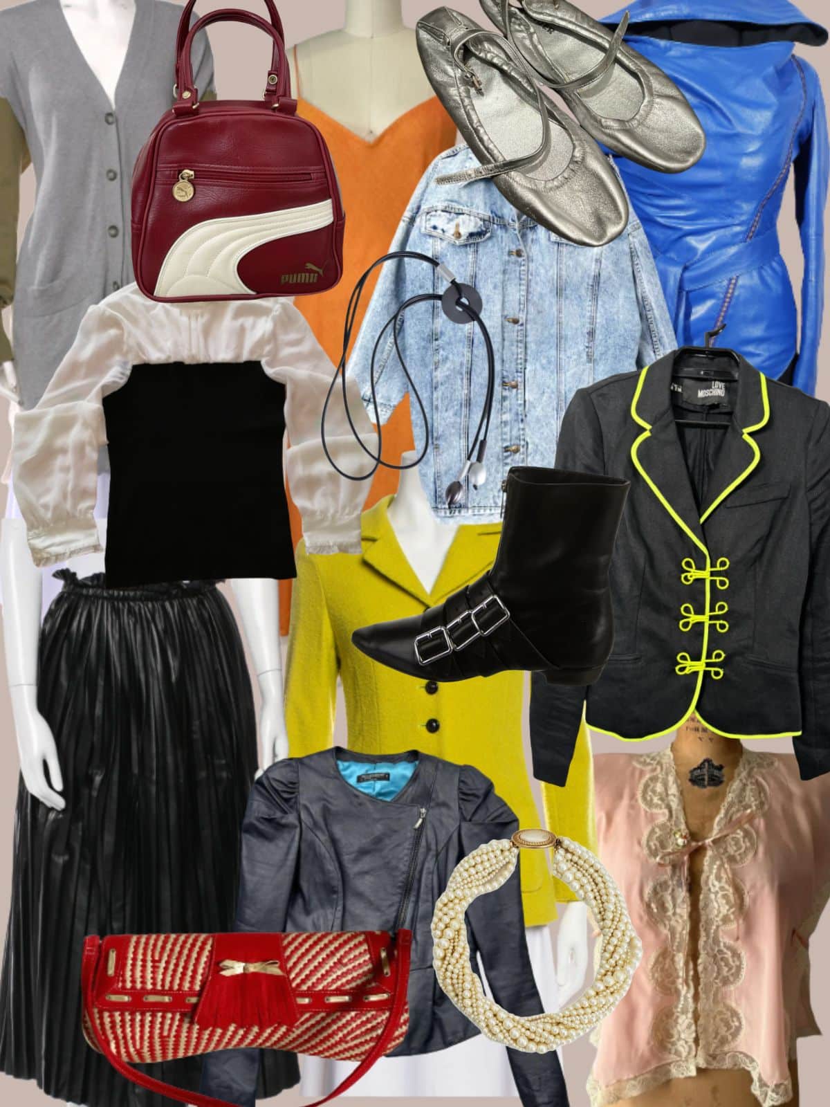 a collage of different types of women's clothing and accessories. All vintage or secondhand.