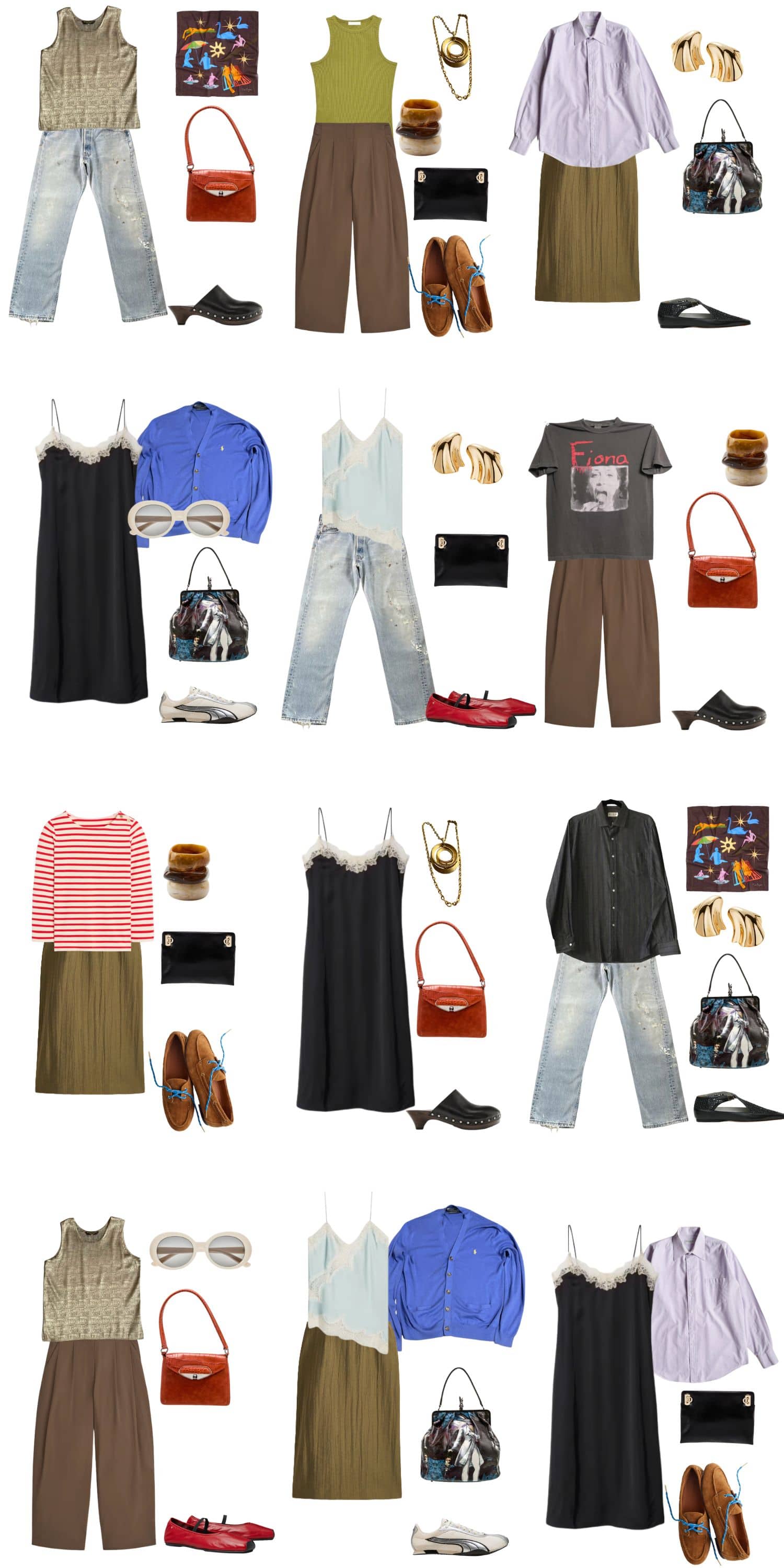 A white background with 12 outfits for Art School in the Summer: Eclectic and Effortless Capsule Wardrobe.