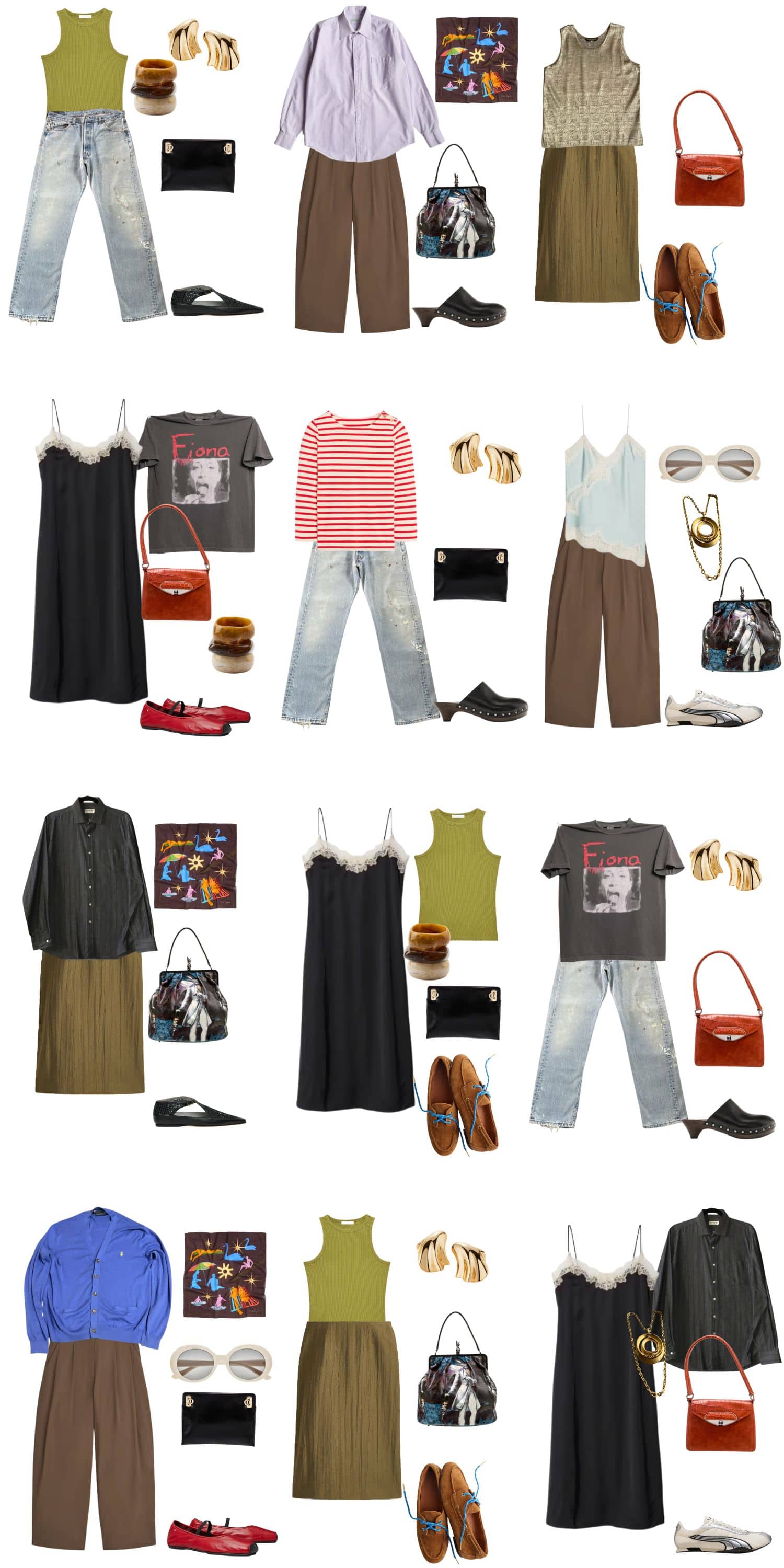 A white background with 12 outfits for Art School in the Summer: Eclectic and Effortless Capsule Wardrobe.