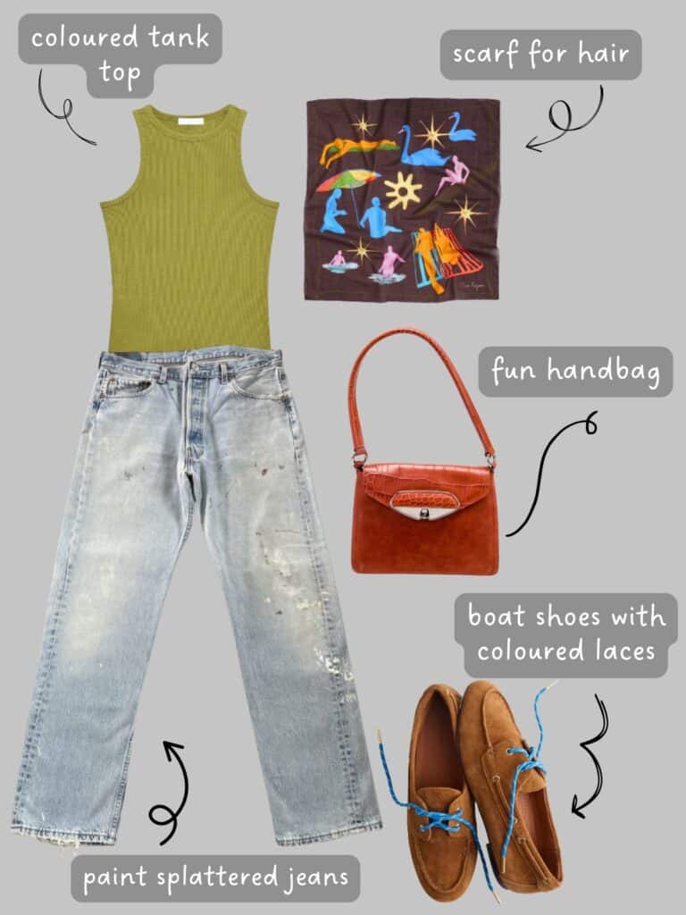 A photo of an outfit of a green tank top, vintage jeans, a scarf, orange bag, and boat shoes.