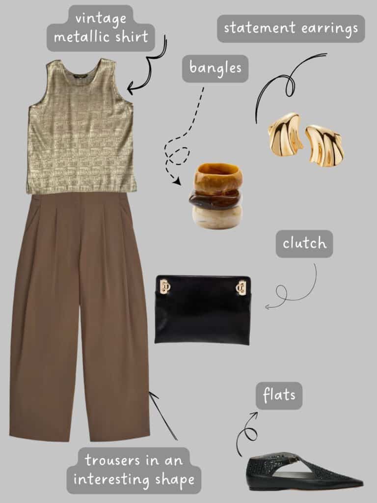 A photo of an outfit of a gold tank top, brown trousers, big gold earrings, bangles, a black clutch, and black flats.