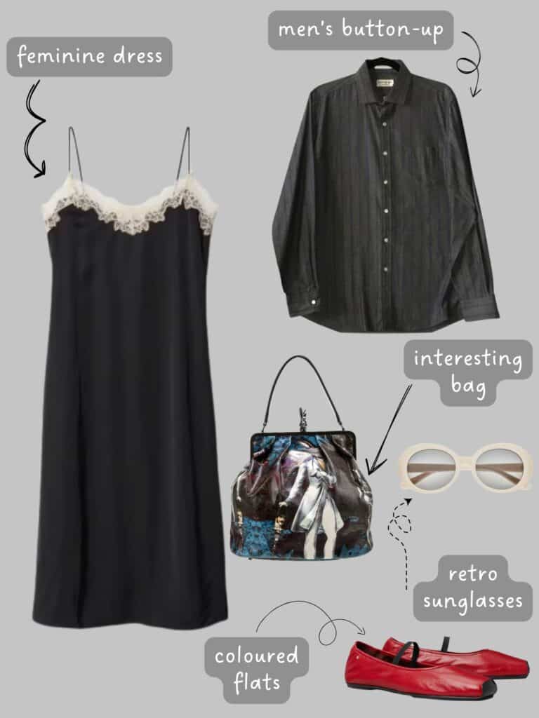 A photo of an outfit of a slip dress, black button up, a fun handbag, sunglasses, and red flats.