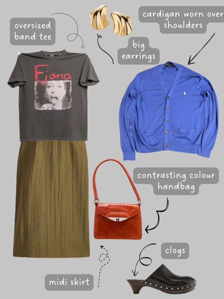 A photo of an outfit of a Fiona Apple tee, midi skirt, bright blue cardigan, gold earrings, and orange handbag, and clogs.