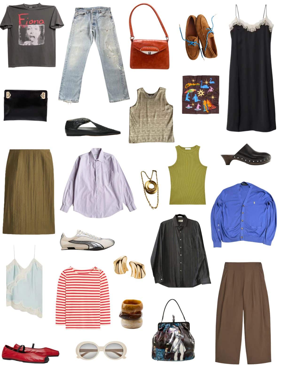 A white background with 12 pieces of clothing plus shoes and accessories for Art School in the Summer: Eclectic and Effortless Capsule Wardrobe.