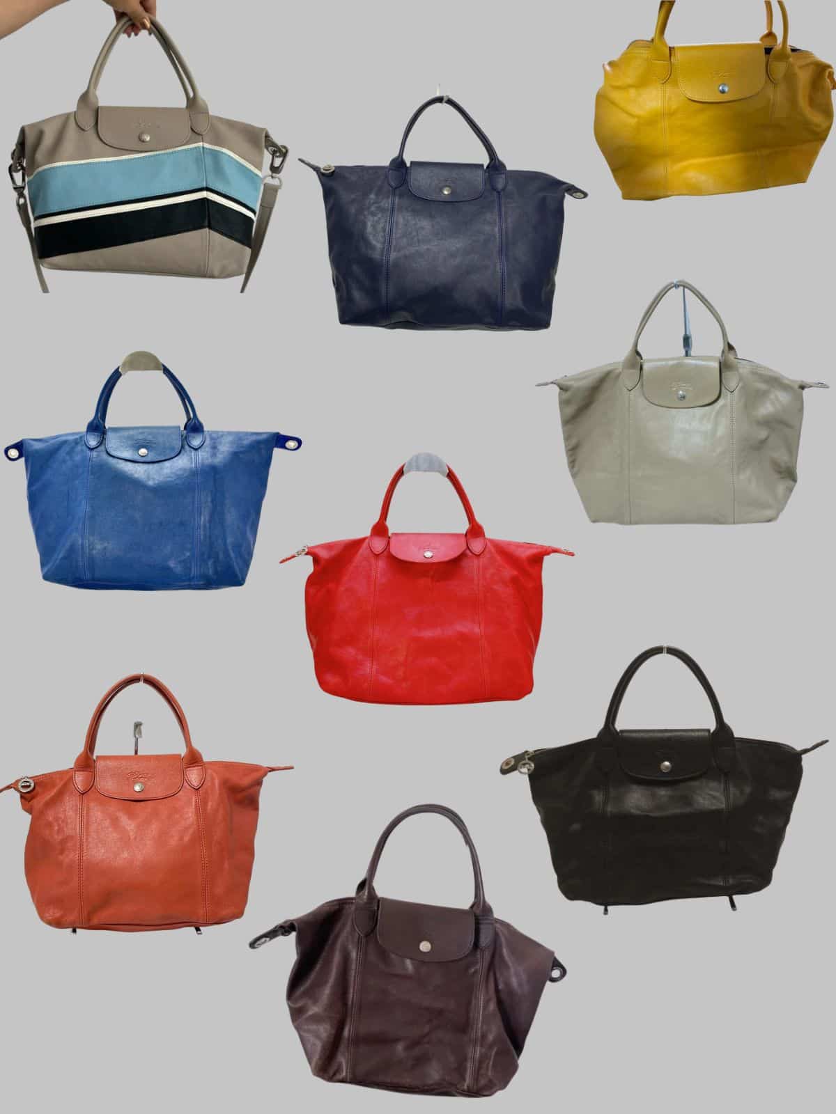 A collection of Longchamp Le Pliage bags in a variety of colours from eBay.