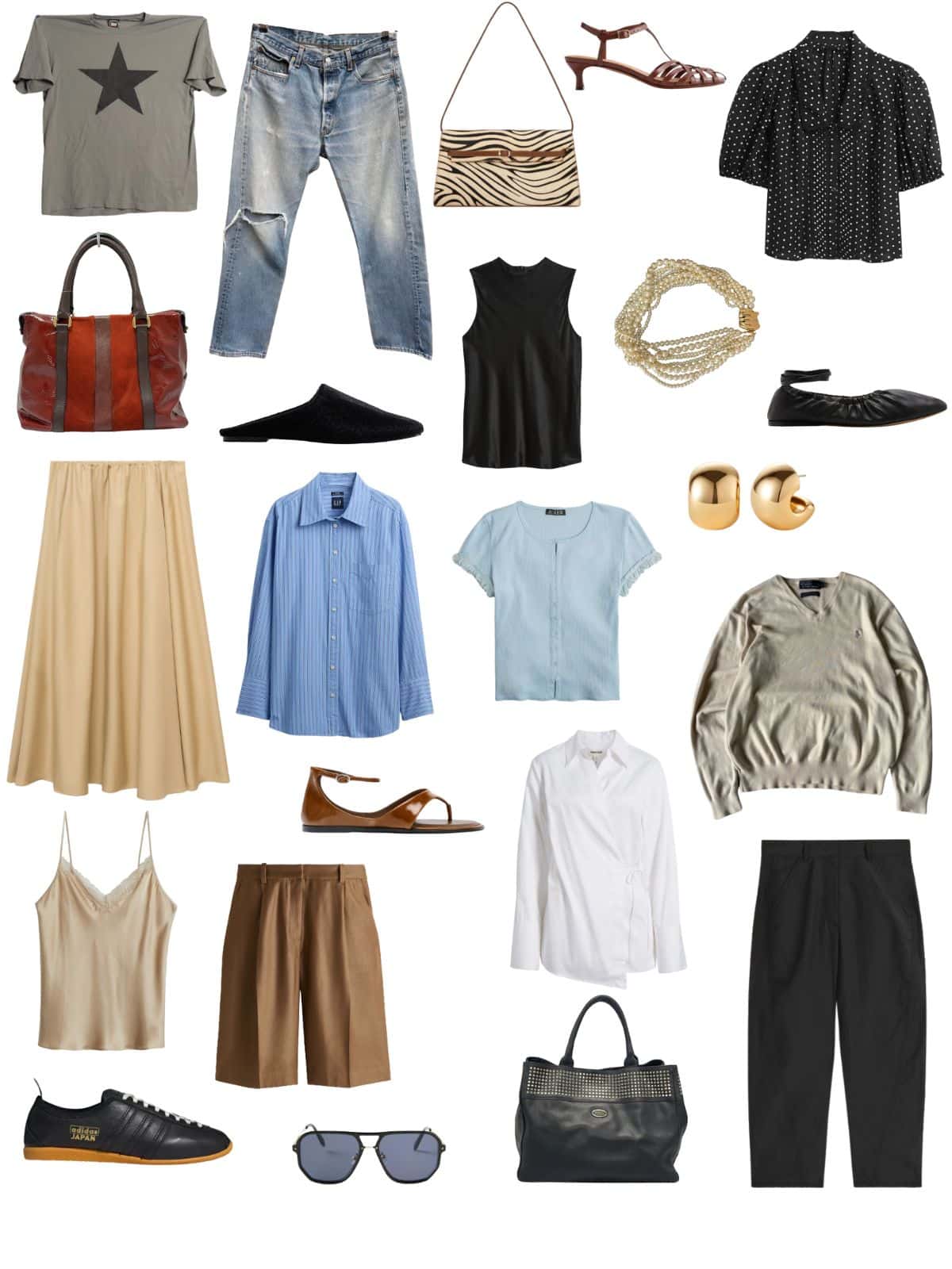 A white background with 12 pieces of clothing plus shoes and accessories for Finding Your Style: Building a Summer Capsule Wardrobe That Actually Works .