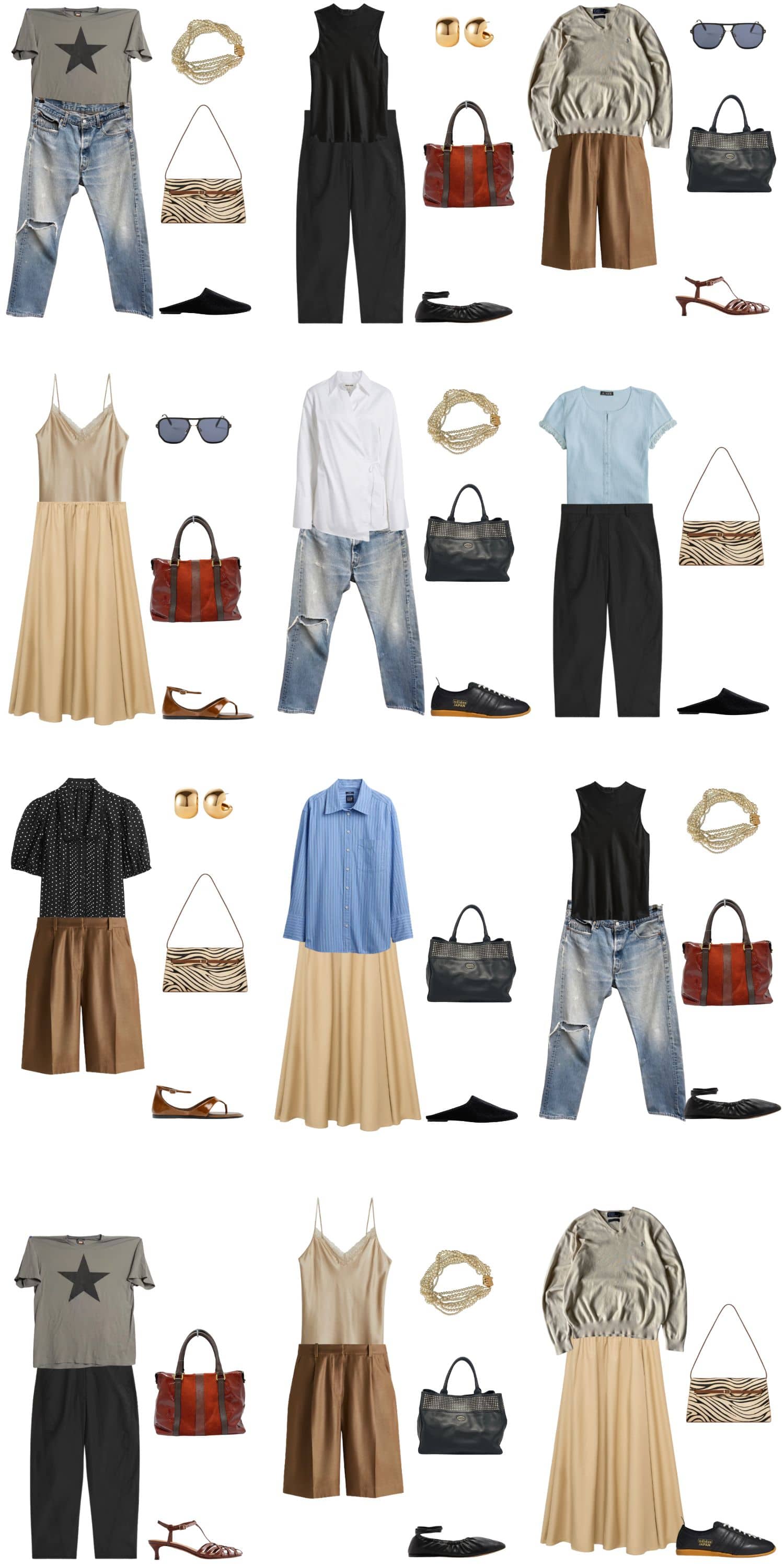 A white background with 12 outfits for Finding Your Style: Building a Summer Capsule Wardrobe That Actually Works.