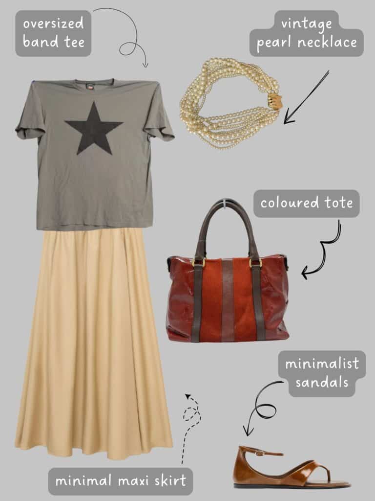 A photo of an outfit of a REM tee, a maxi skirt, a vintage pearl necklace, a large tote, and sandals.