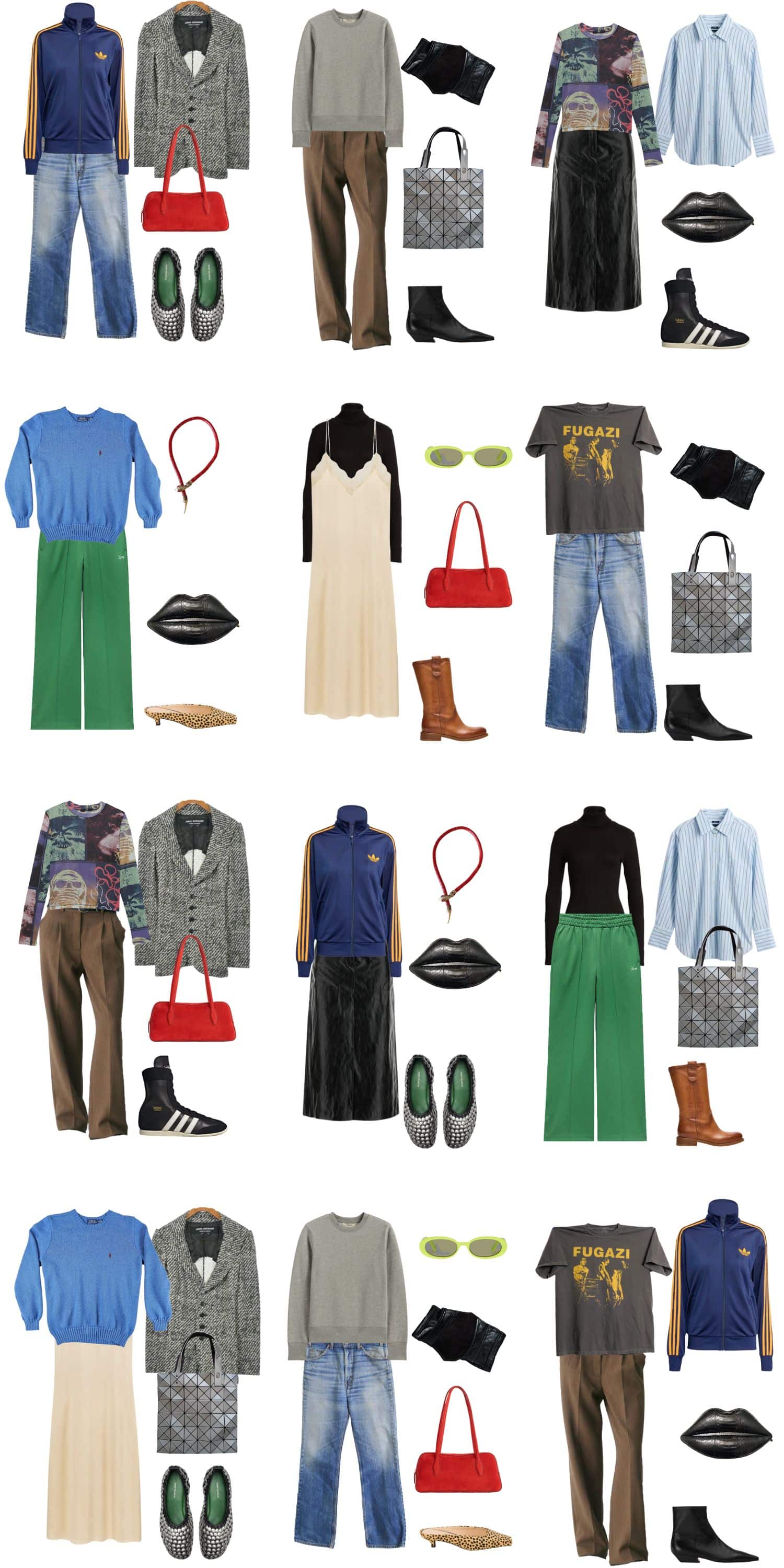 A white background with 12 outfits for The Anti-Capsule Fall Capsule Wardrobe.
