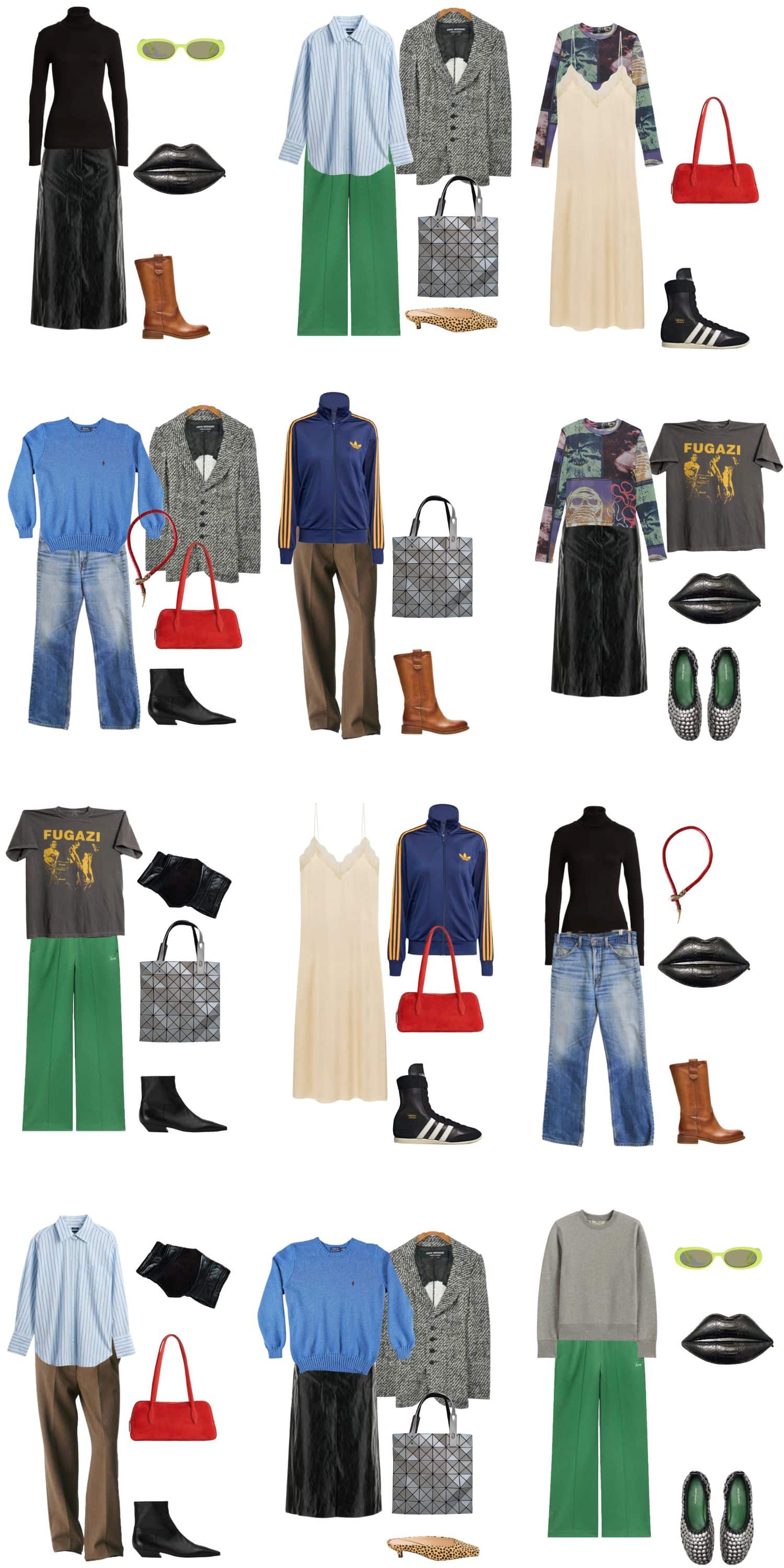 A white background with 12 outfits for The Anti-Capsule Fall Capsule Wardrobe.