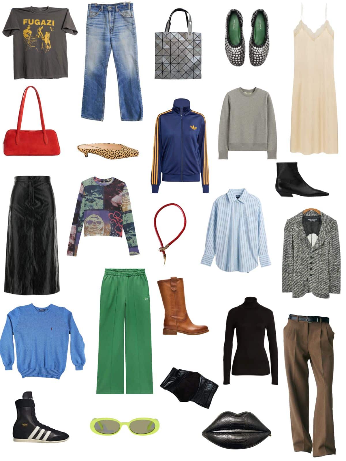 A white background with 12 pieces of clothing plus shoes and accessories for The Anti-Capsule Fall Capsule Wardrobe.