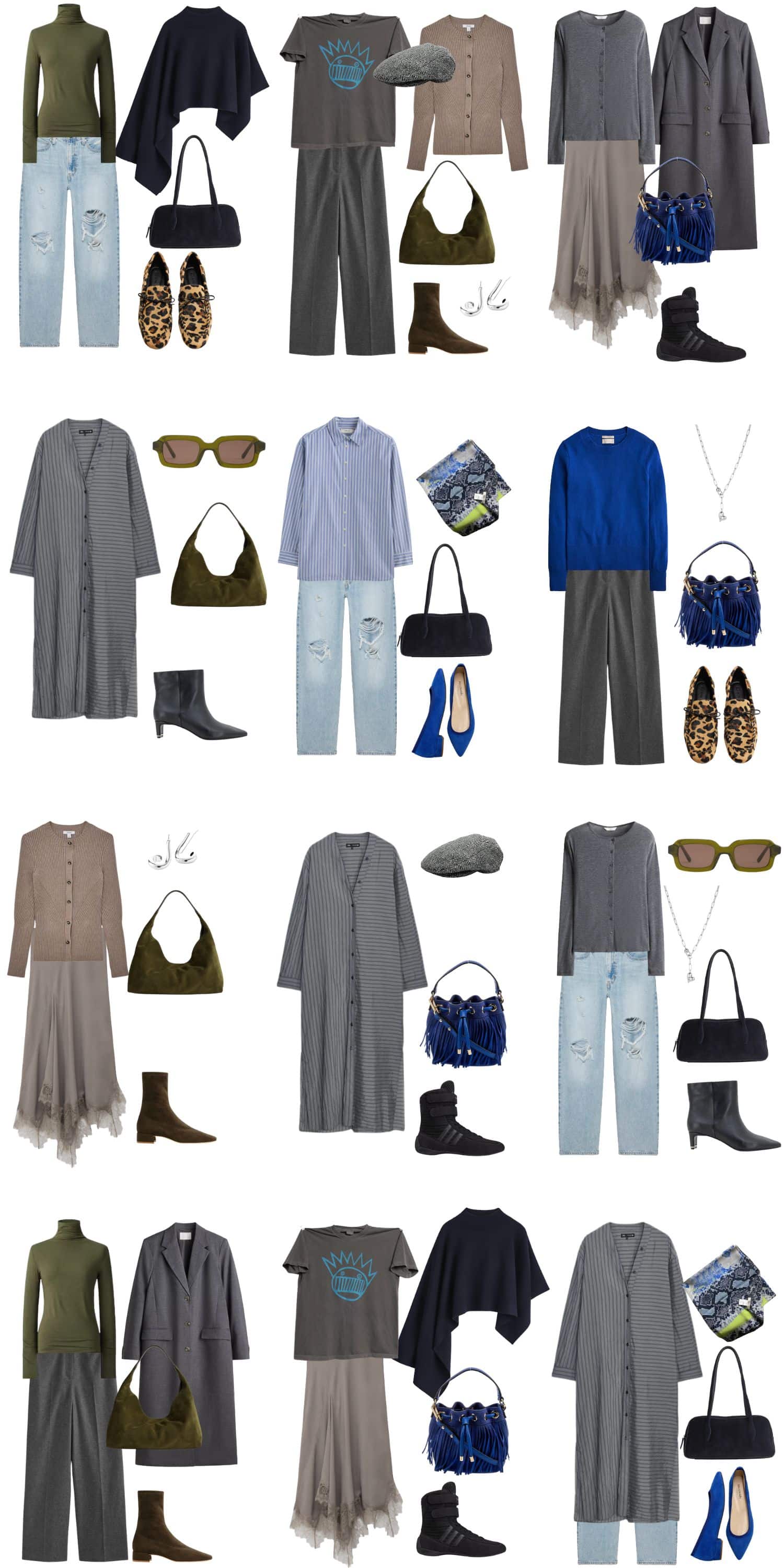 A white background with 12 outfits for The Minimalist Reset: A Fall Capsule Wardrobe for Starting Over.