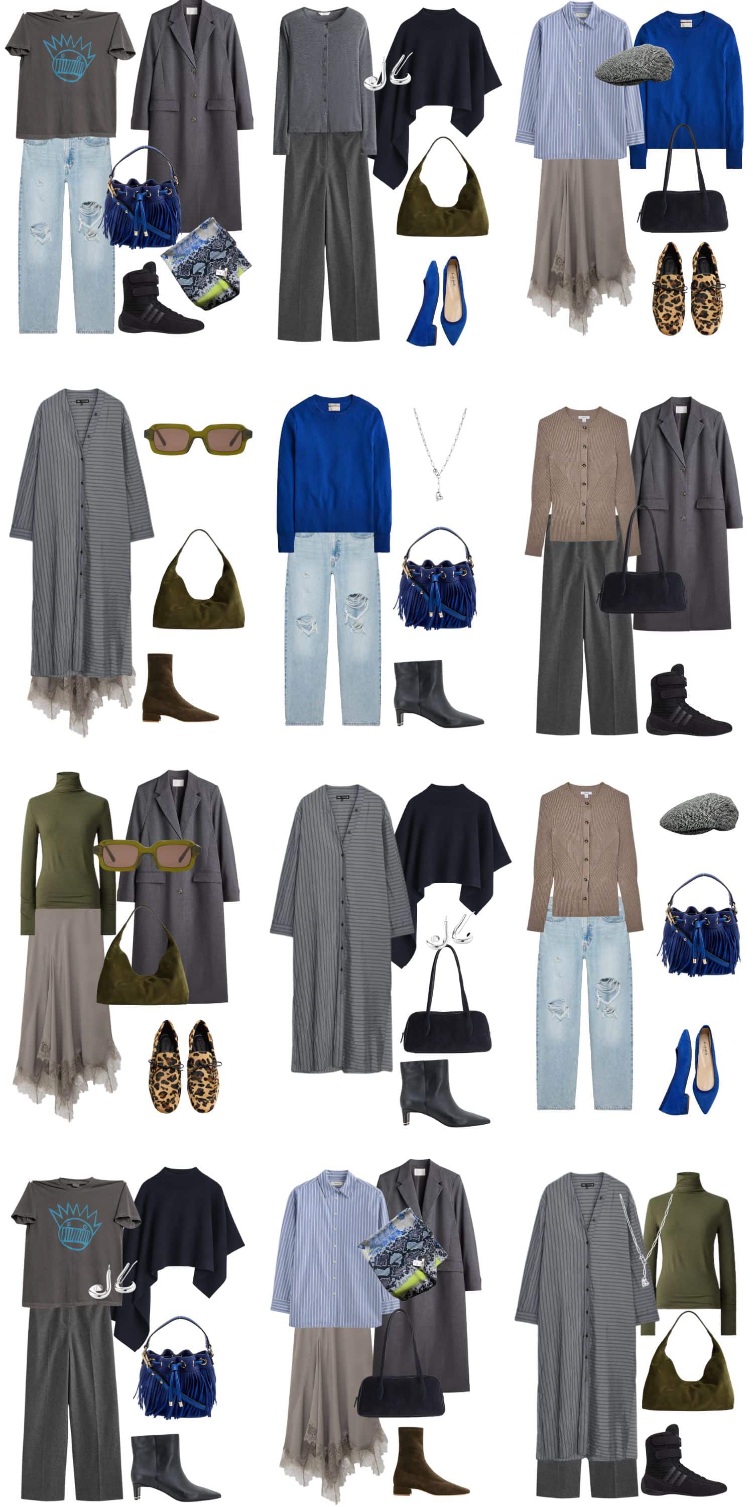 A white background with 12 outfits for The Minimalist Reset: A Fall Capsule Wardrobe for Starting Over.