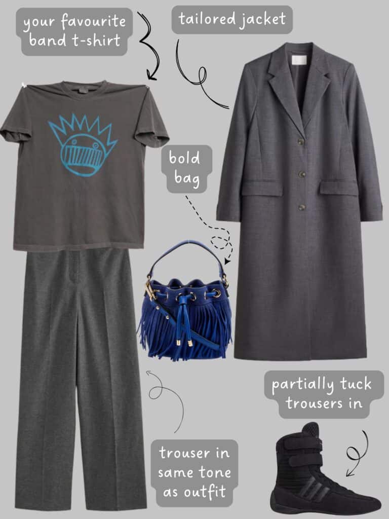 A photo of an outfit of a Ween tee with a grey coat, grey trousers, hight top sneakers, and a blue fringe bag.