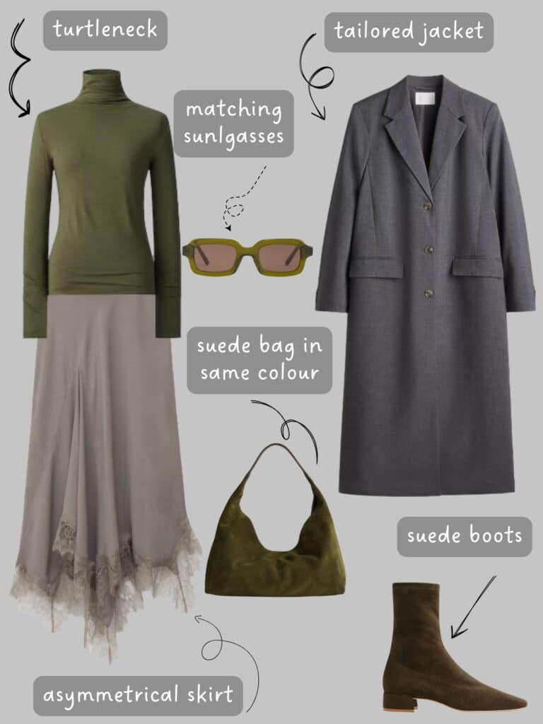 A photo of an outfit of a olive turtleneck, taupe asymmetrical skirt, grey coat, and olive suede bag, olive sunglasses, and brown suede boots.
