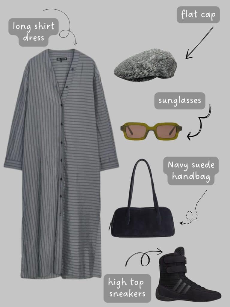 A photo of an outfit of a grey striped shirt dress, a herringbone flat cap, olive sunglasses, a navy handbag, and high sneakers.