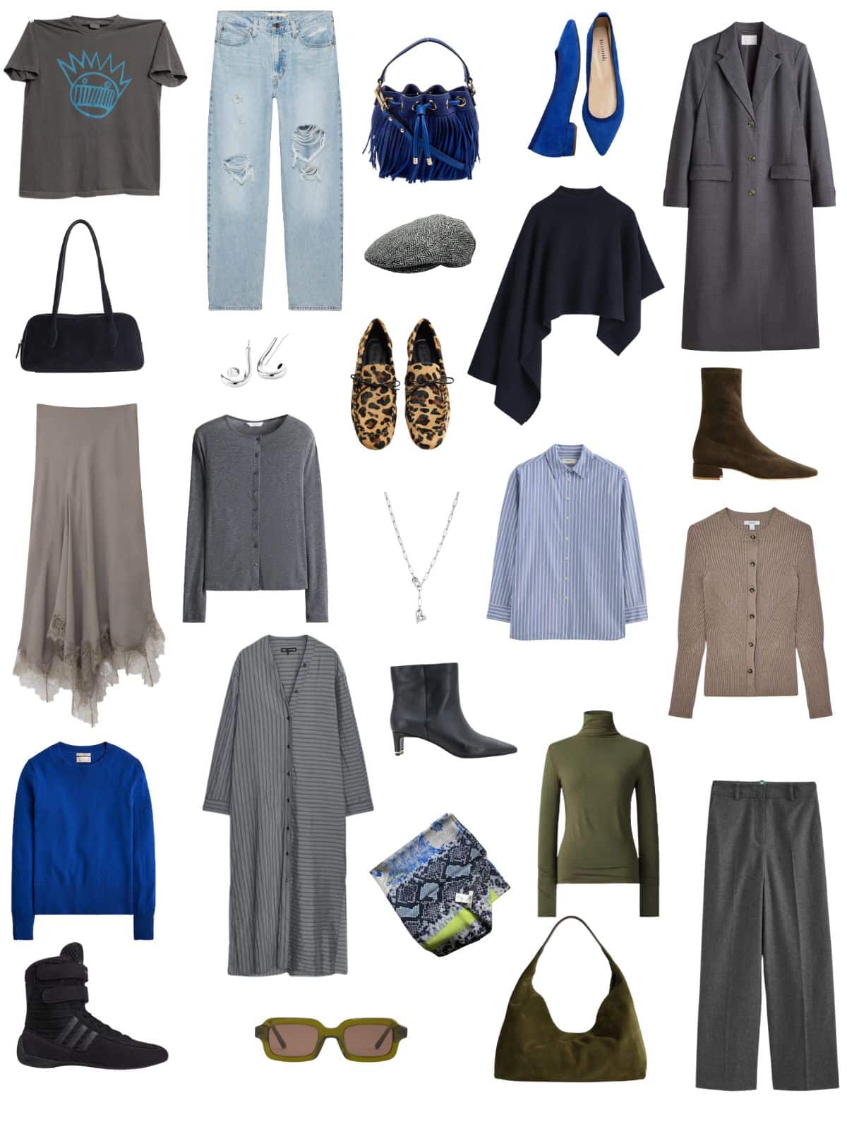 A white background with 12 pieces of clothing plus shoes and accessories for The Minimalist Reset: A Fall Capsule Wardrobe for Starting Over.