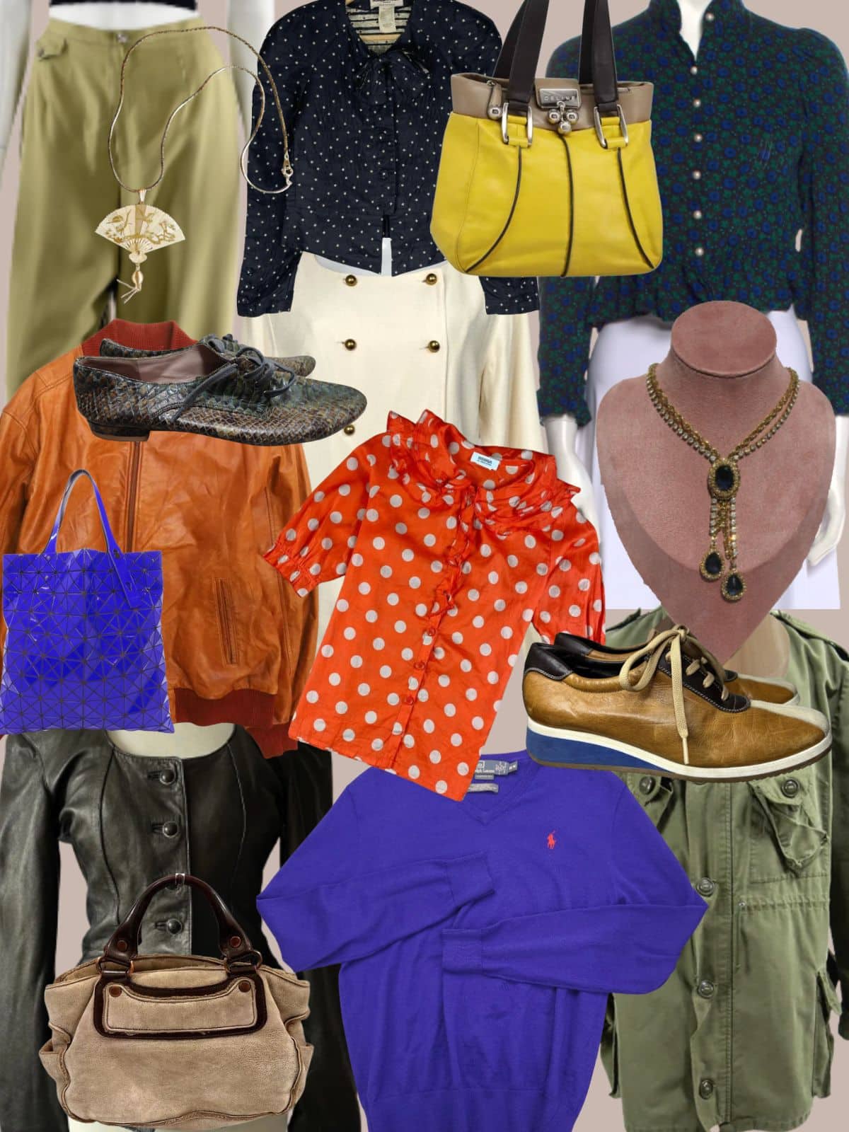a collage of different types of women's clothing and accessories. All vintage or secondhand.