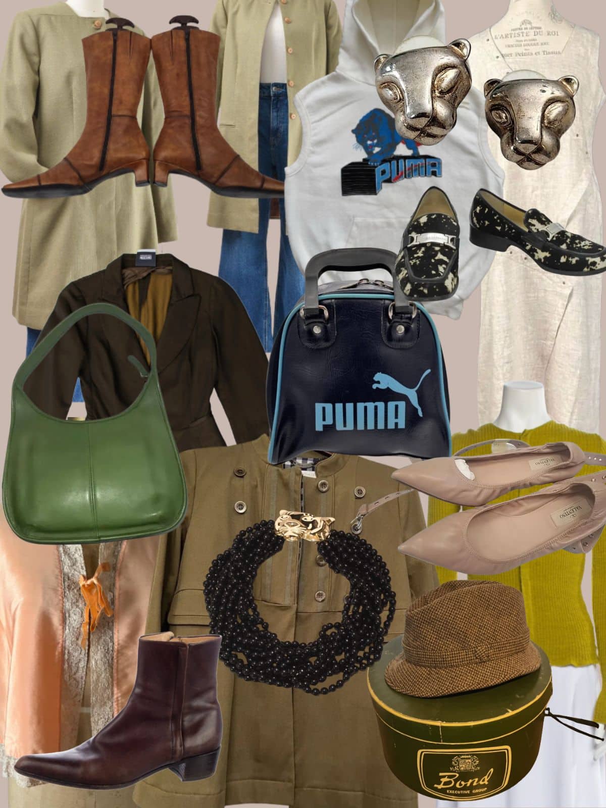 a collage of different types of women's clothing and accessories. All vintage or secondhand.
