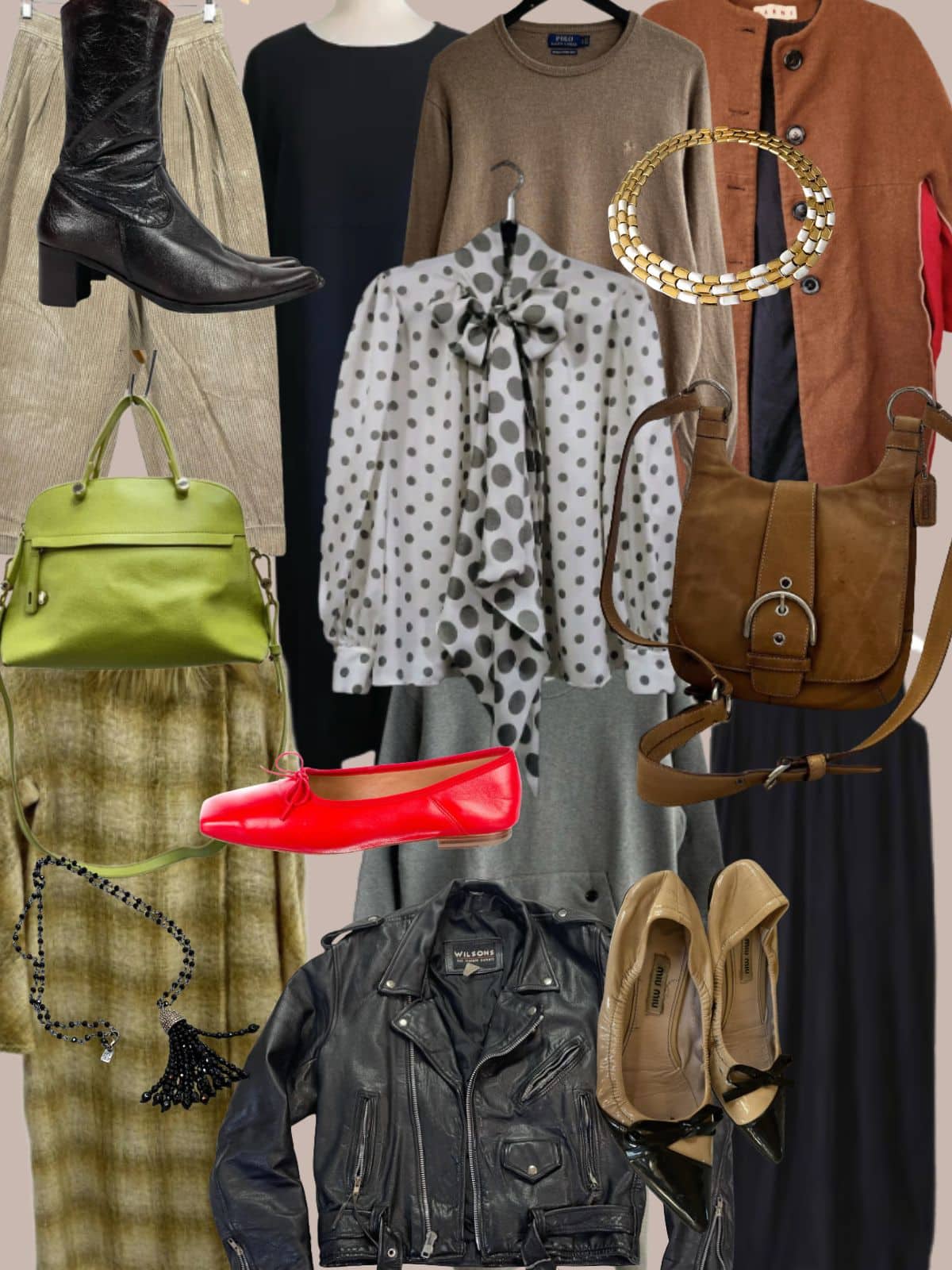 a collage of different types of women's clothing and accessories. All vintage or secondhand.