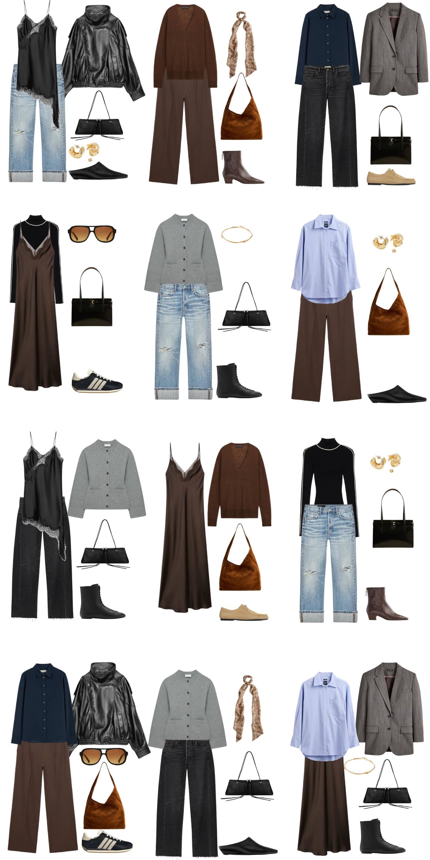 A white background with 12 outfits for 90s Minimalist Redux: A Cool-Girl Capsule for Fall.