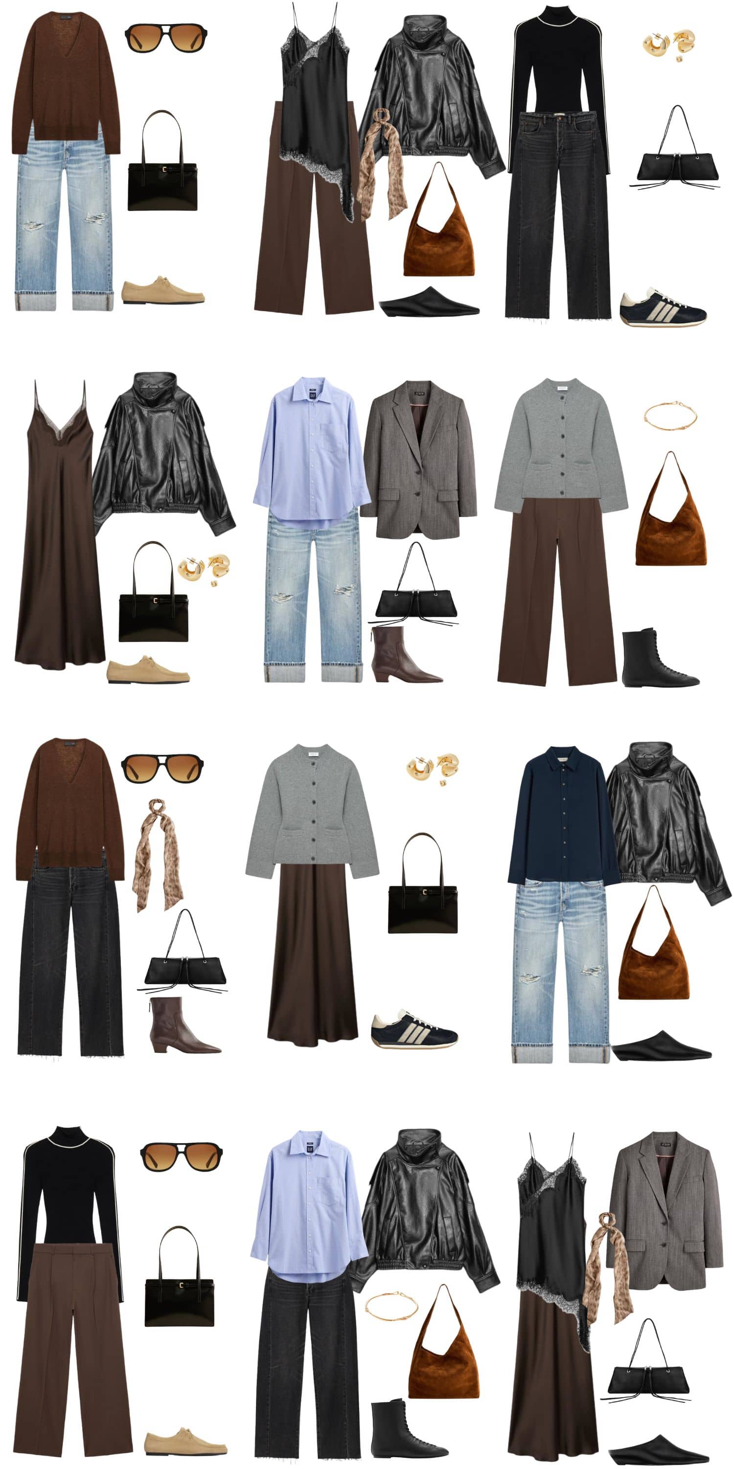 A white background with 12 outfits for 90s Minimalist Redux: A Cool-Girl Capsule for Fall.