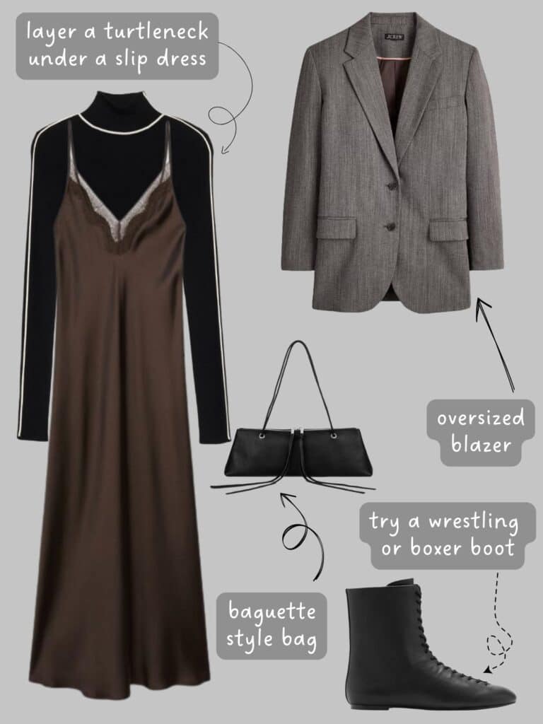 A photo of an outfit of a black turtleneck layered under a brown slip dress, an oversized blazer, baguette bag, and boxer style boots.