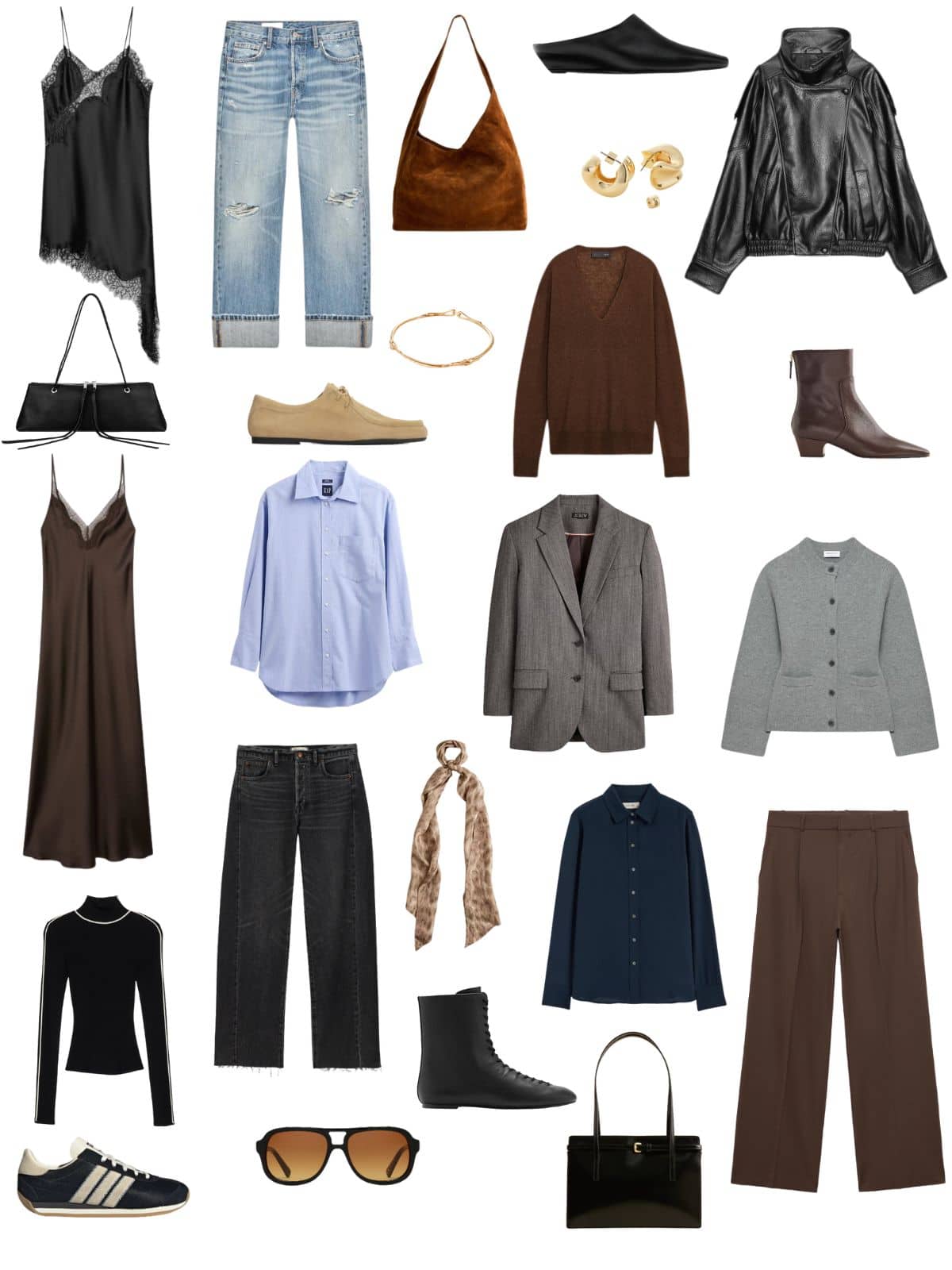 A white background with 12 pieces of clothing plus shoes and accessories for a 90s Minimalist Redux: A Cool-Girl Capsule for Fall.
