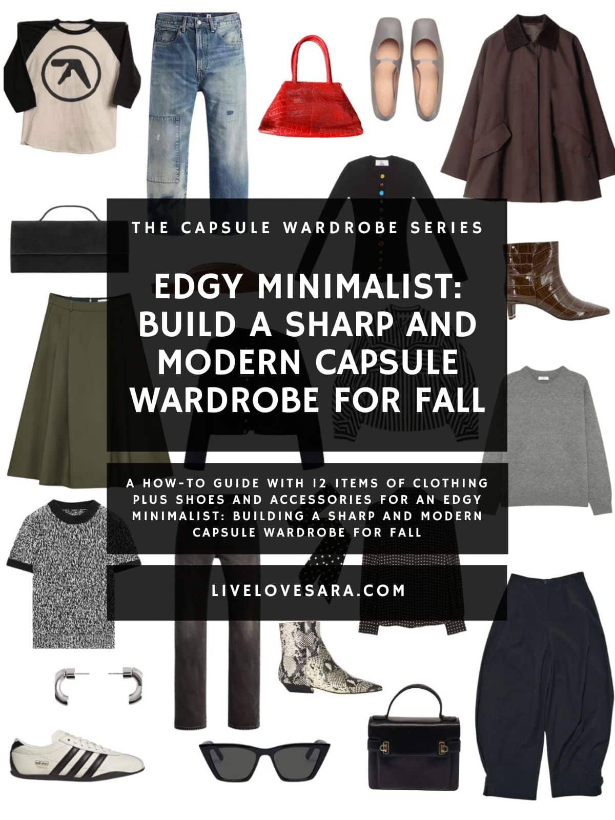 A white background with 12 clothing items plus shoes and accessories for an Edgy Minimalist: Build a Sharp and Modern Capsule Wardrobe for Fall. In the middle is a black box with white text that reads, "Edgy Minimalist: Build a Sharp and Modern Capsule Wardrobe for Fall".