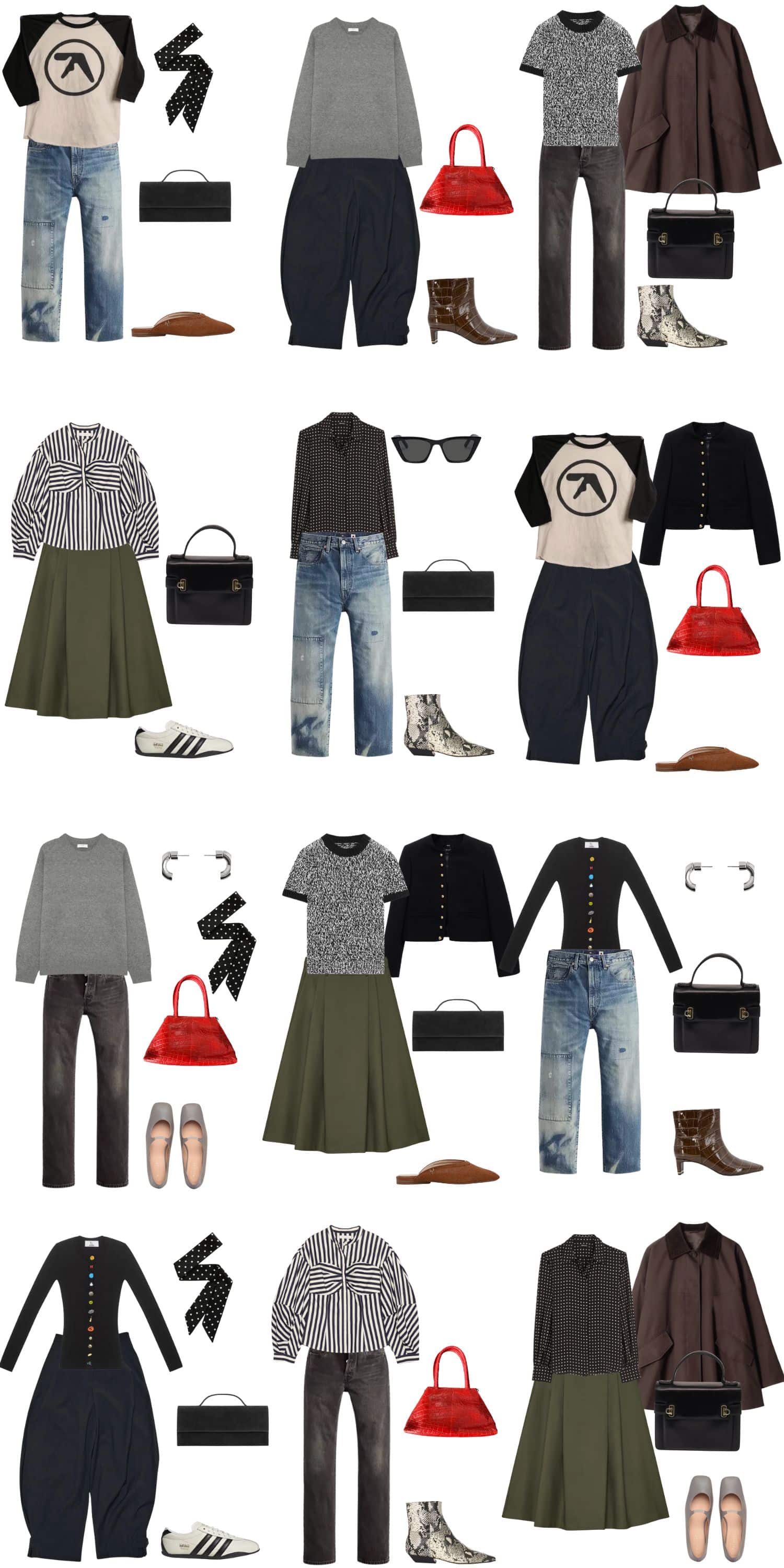 A white background with 12 outfits for Edgy Minimalist: Build a Sharp and Modern Capsule Wardrobe for Fall.