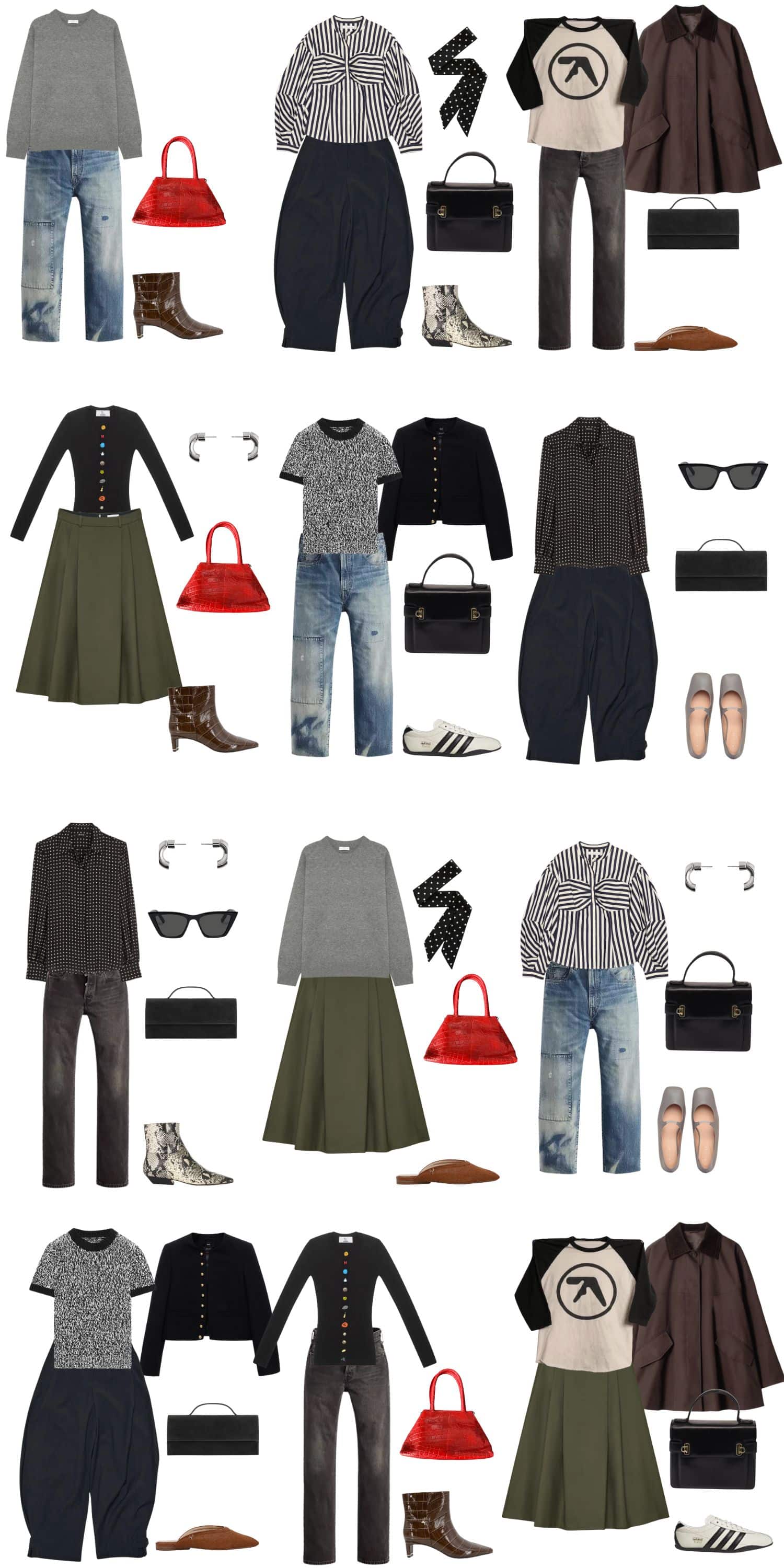 A white background with 12 outfits for Edgy Minimalist: Build a Sharp and Modern Capsule Wardrobe for Fall.