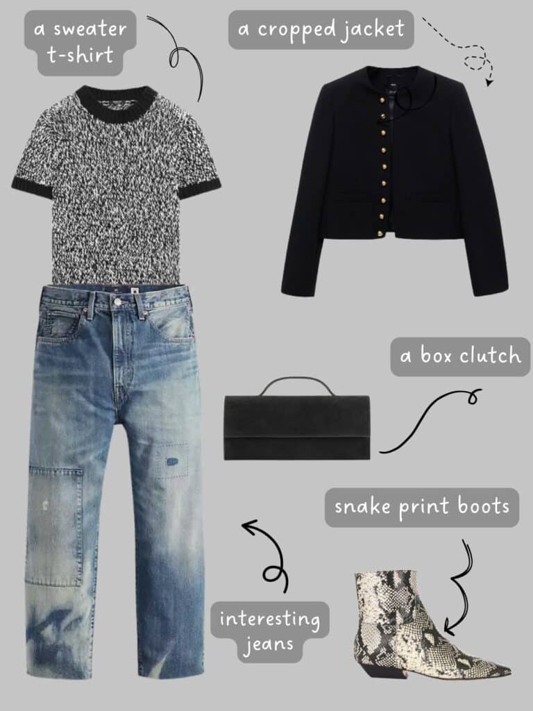 A photo of an outfit of a grey knit tee, black cropped coat, jeans, snake print boots, and a box clutch.