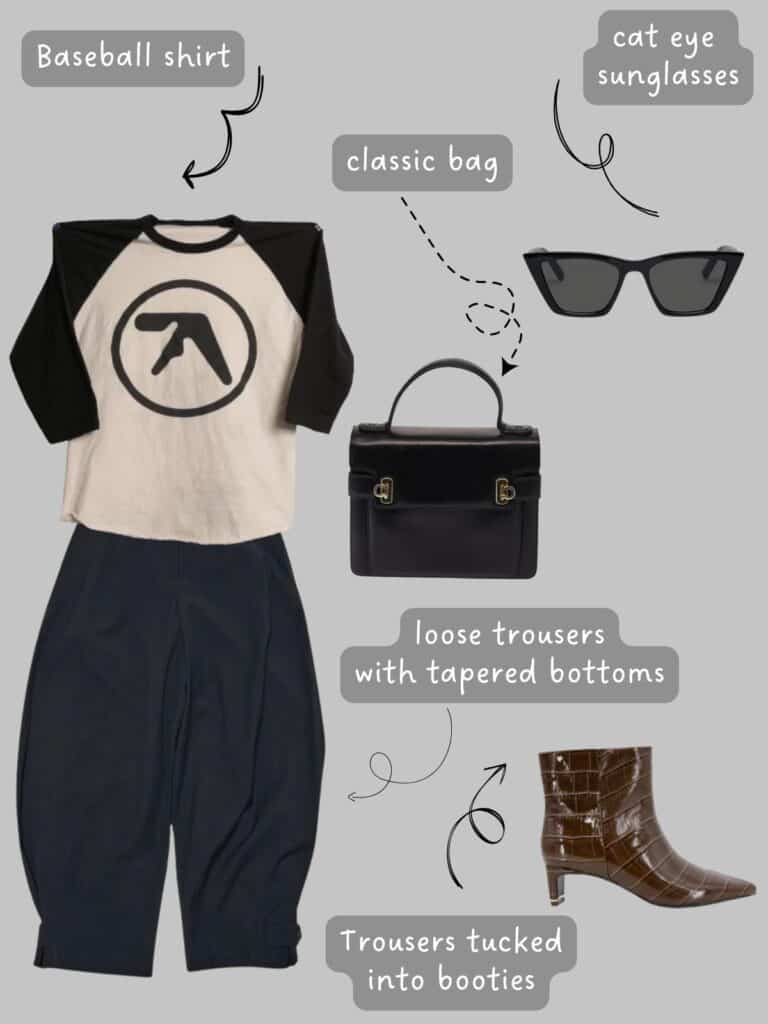 A photo of an outfit of a, Aphex Twins baseball tee, balloon pants, cat eye sunglasses, croc boots, and a Ferragamo bag.