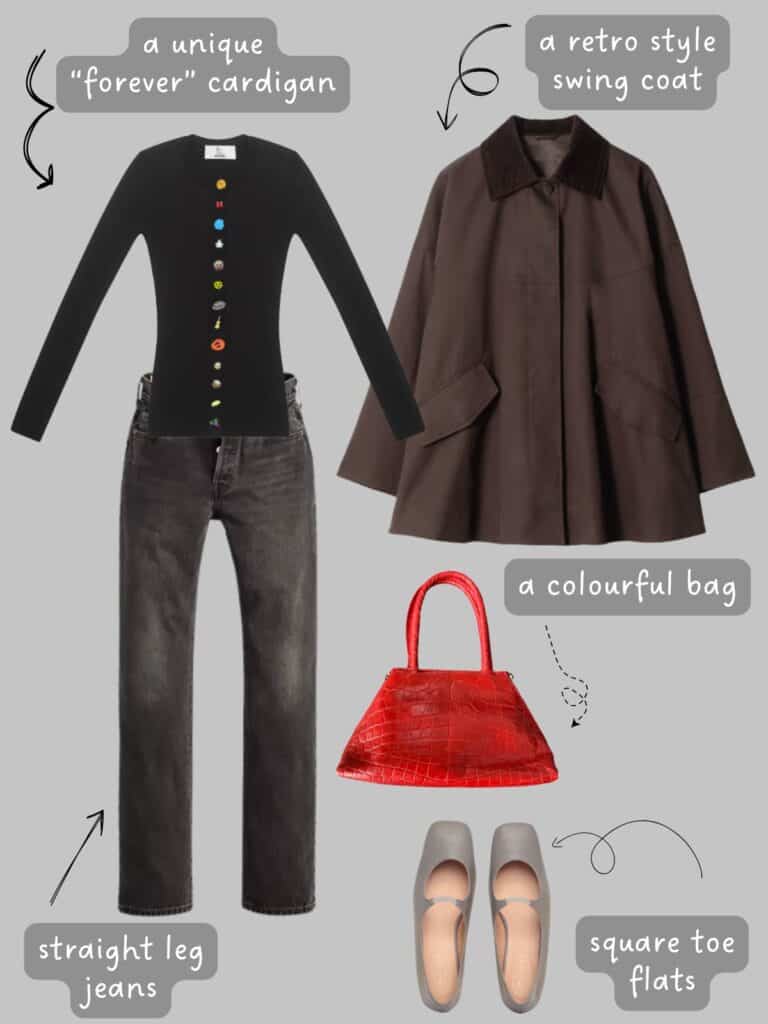 A photo of an outfit of a Hades Wool cardigan, a swing coat, black jeans, grey flats, and a red bag.