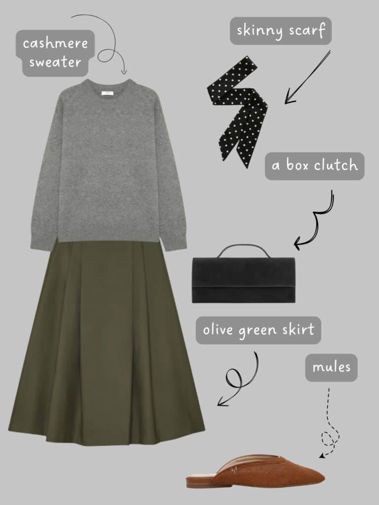 A photo of an outfit of a grey cashmere sweater. olive full skirt, brown mules, a skinny scarf, and a box clutch.