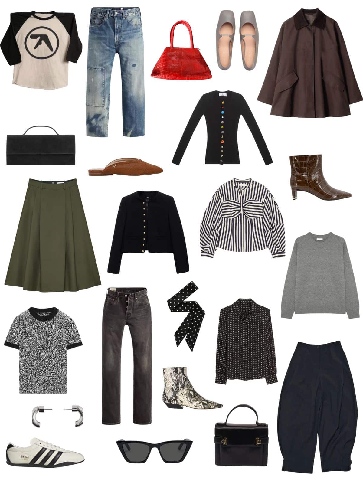 A white background with 12 pieces of clothing plus shoes and accessories for Edgy Minimalist: Build a Sharp and Modern Capsule Wardrobe for Fall.