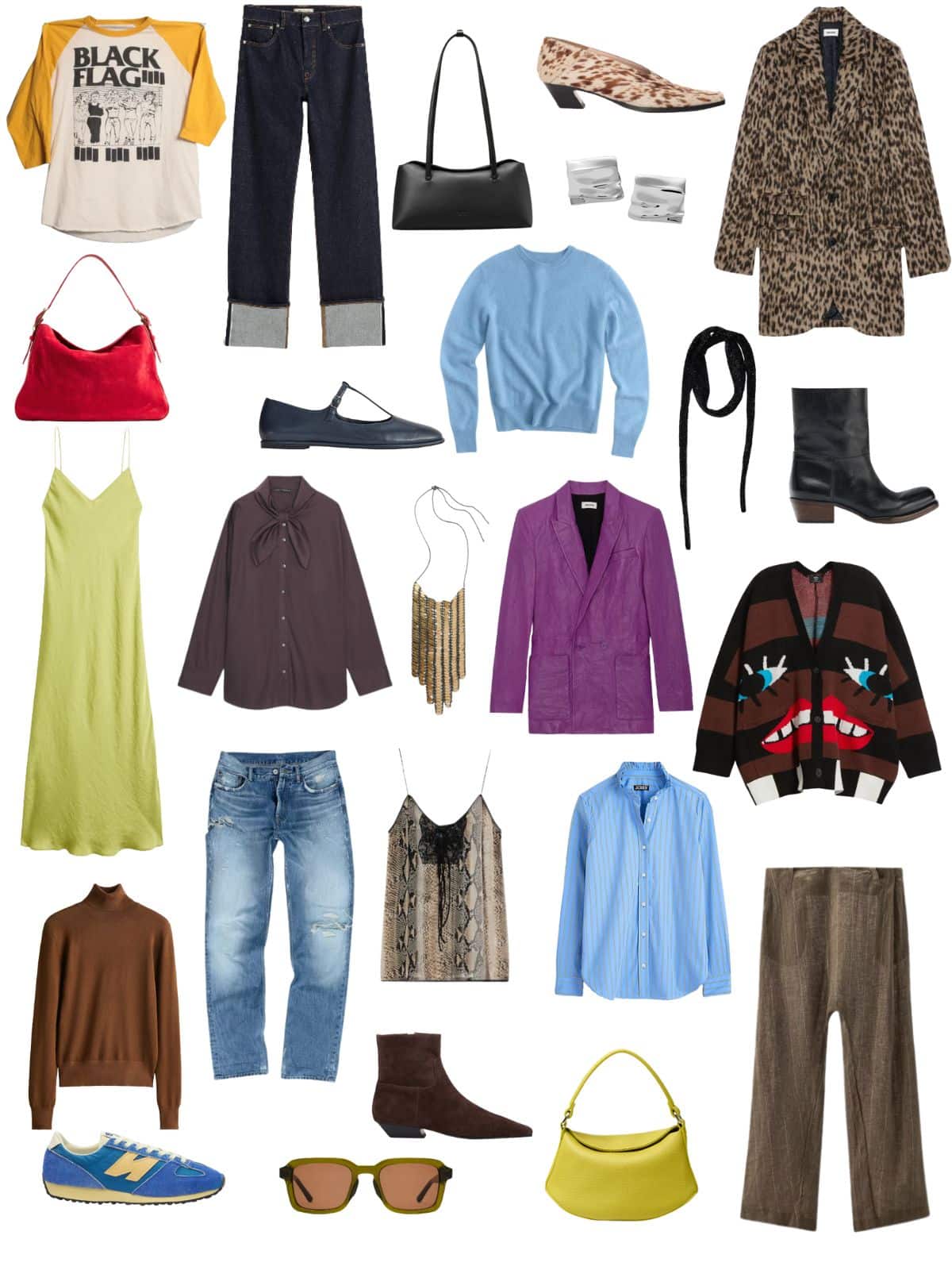 A white background with 12 pieces of clothing plus shoes and accessories for The Anti-Capsule Capsule: Rethinking Fall Dressing