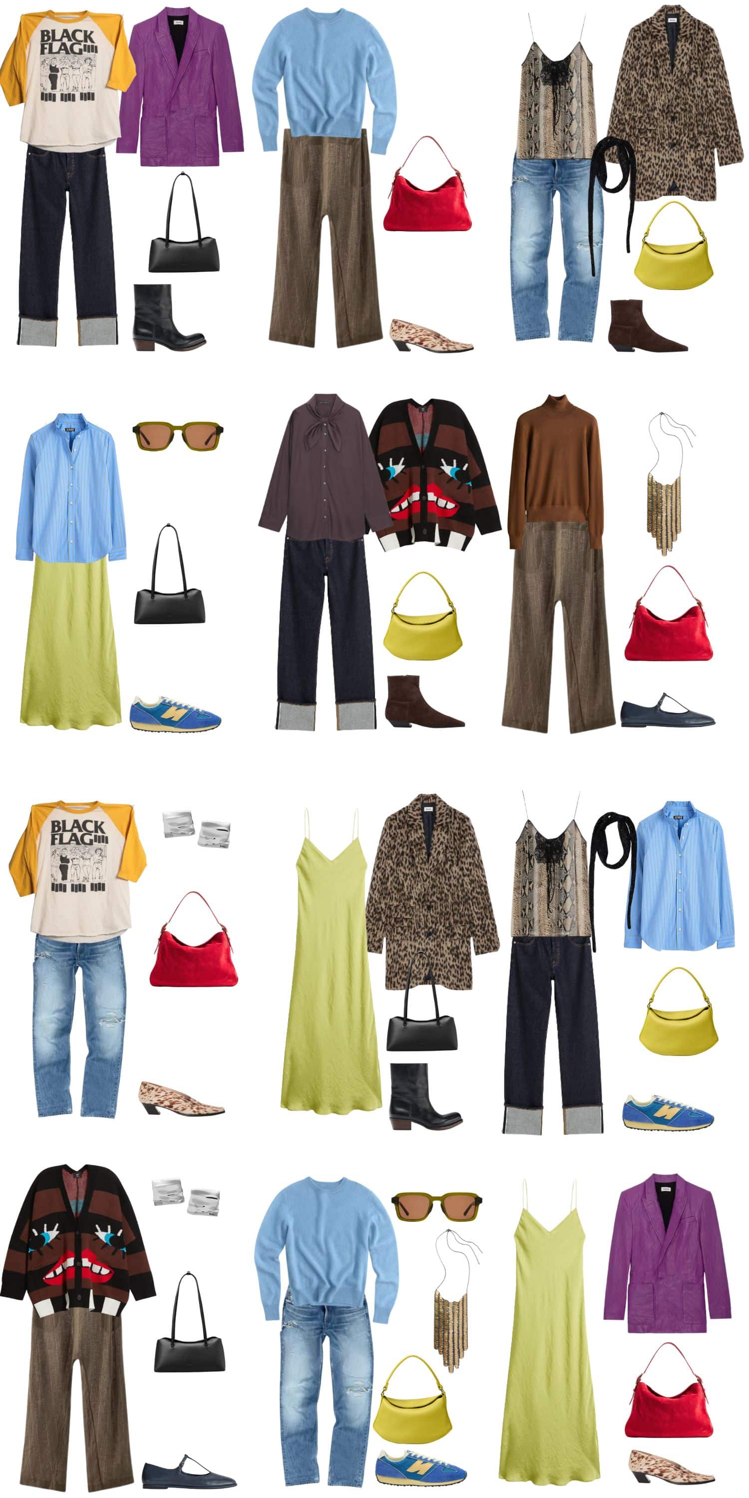 A white background with 12 outfits for The Anti-Capsule Capsule: Rethinking Fall Dressing.