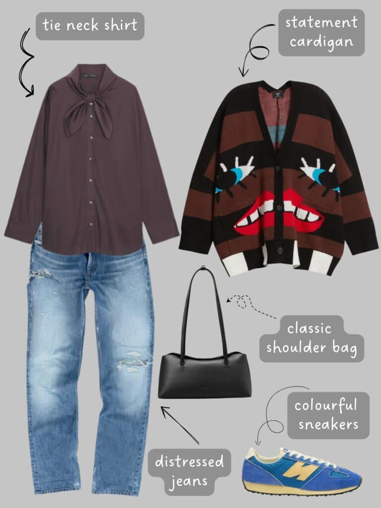 A photo of an outfit of a brown tie neck shirt, face print cardigan, distressed denim, black bag, and blue New Balance sneakers.