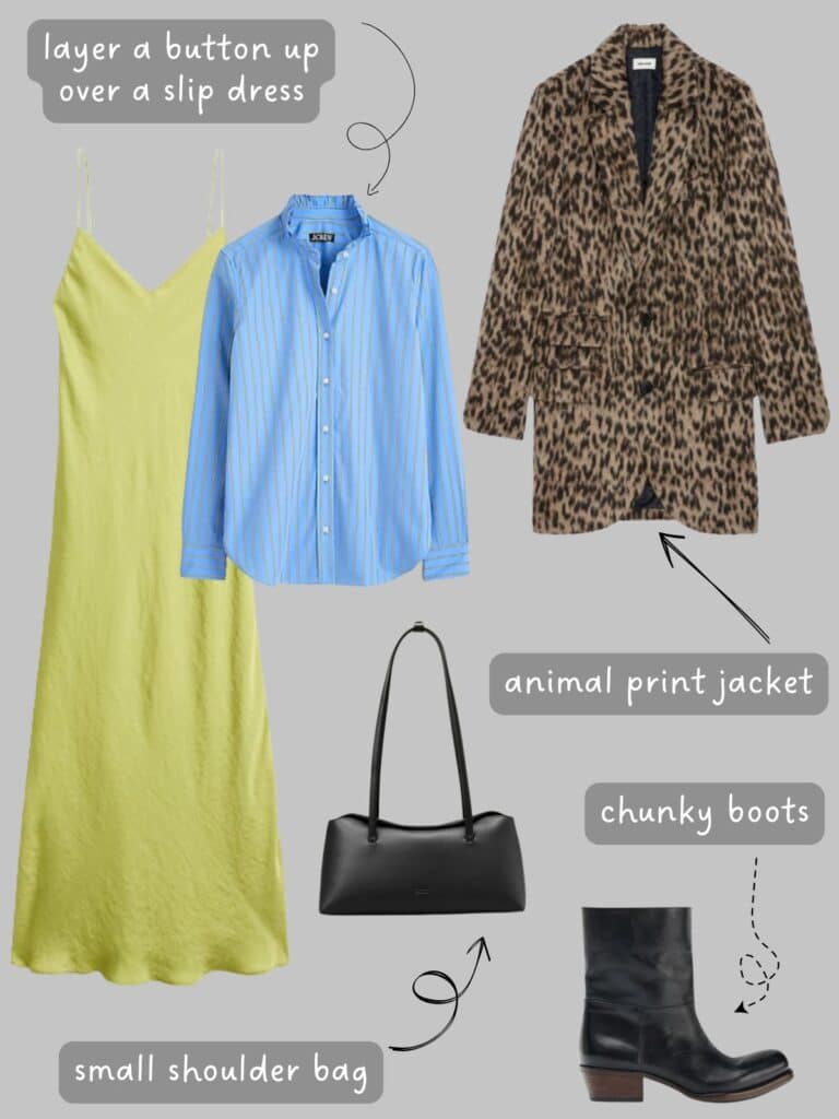 A photo of an outfit of a green slip dress with a blue striped button up, an animal print coat, black bag, and chunky boots.