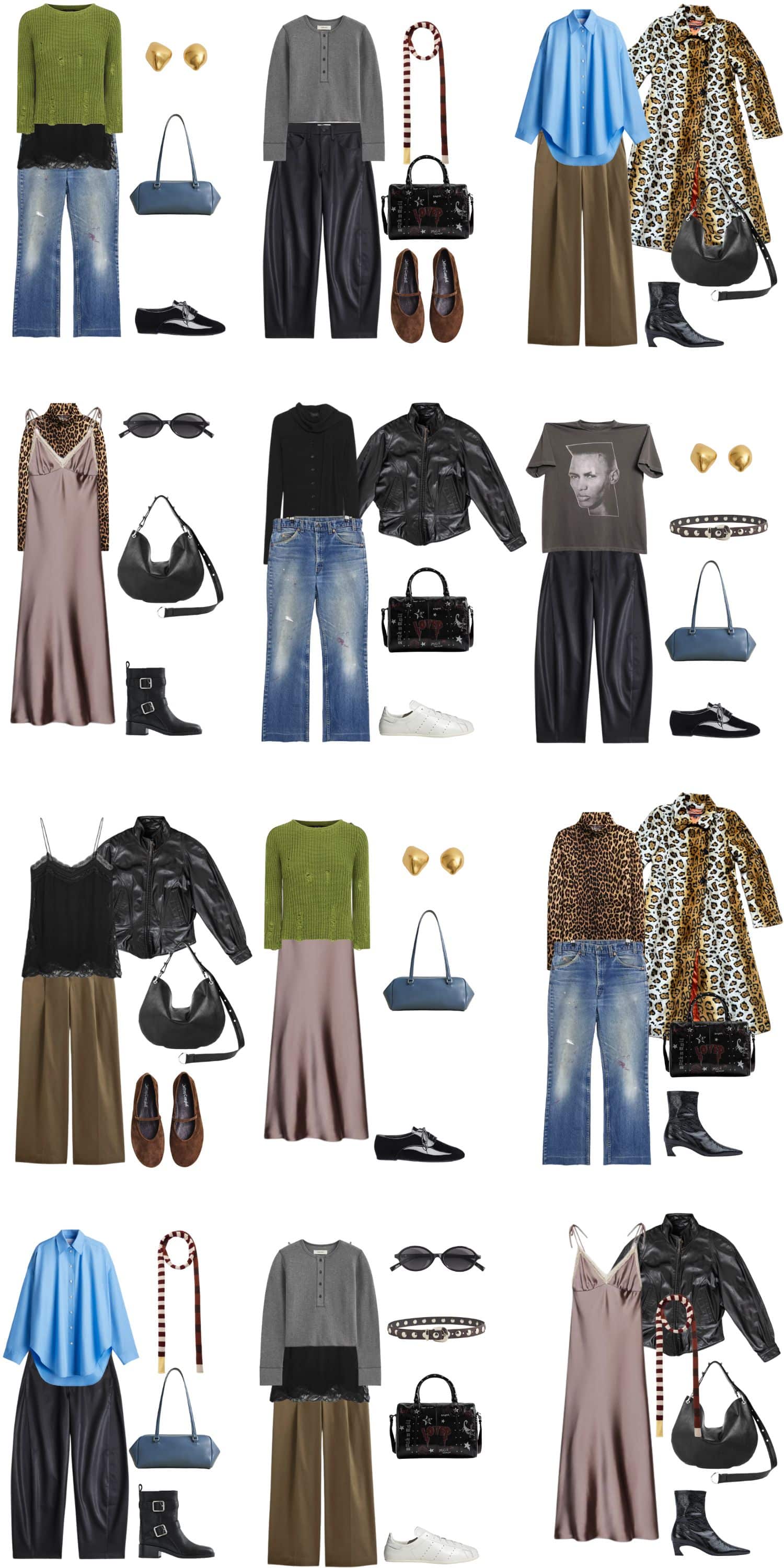 A white background with 12 outfits for Avant-Grunge: A Fall Capsule Wardrobe for Raw Refinement.