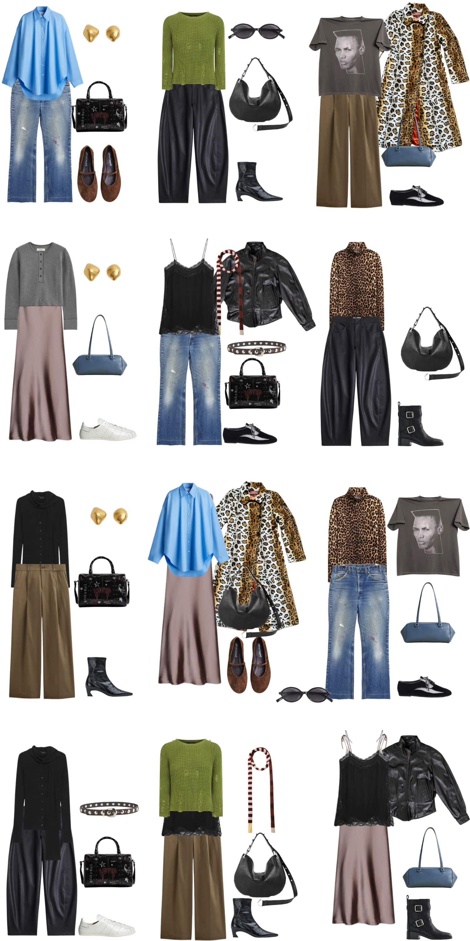 A white background with 12 outfits for Avant-Grunge: A Fall Capsule Wardrobe for Raw Refinement.