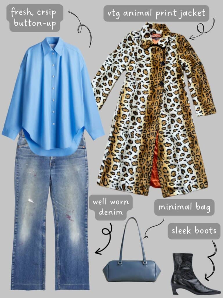 A photo of an outfit of a blue button up, worn denim, vintage animal print coat, a blue bag, and heeled boots.