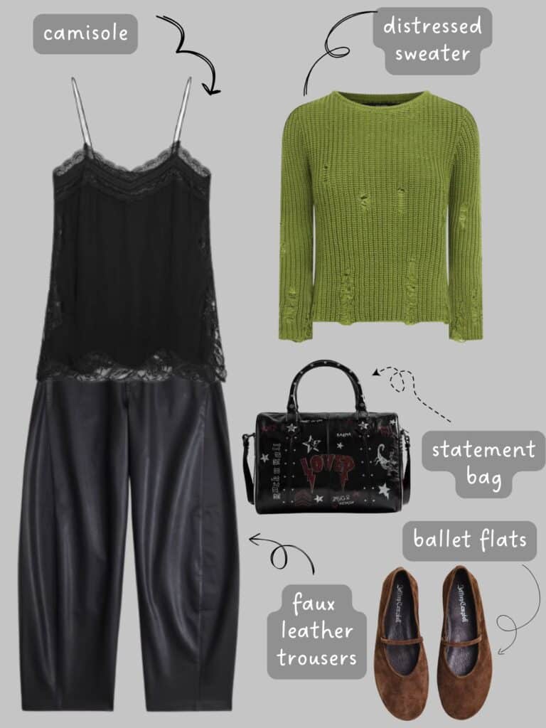 A photo of an outfit of a black cami, green distressed sweater, faux leather trousers, a graffiti bag, and brown ballet flats.