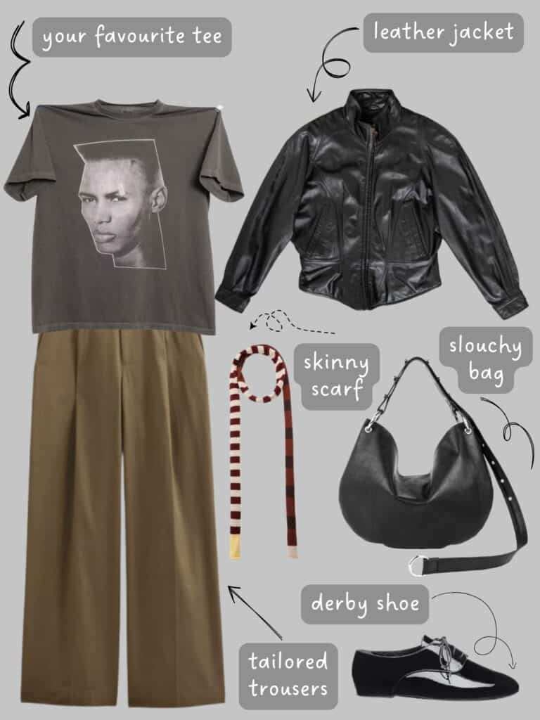 A photo of an outfit of a Grace Jones tee, tailored trousers, a striped skinny scarf, leather jacket, a slouchy bag, and derby shoes.