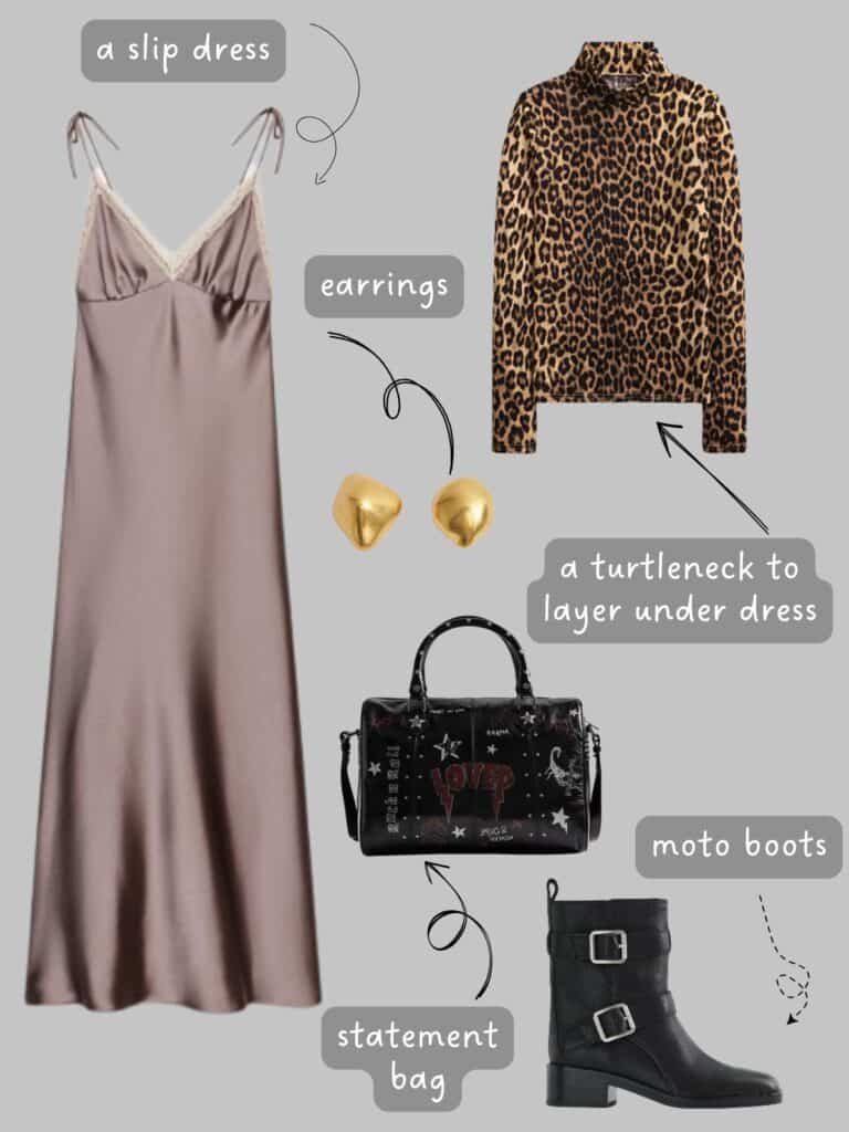 A photo of an outfit of a slip dress, animal print turtleneck, gold stud earrings, a graffiti print bag, and moto boots.