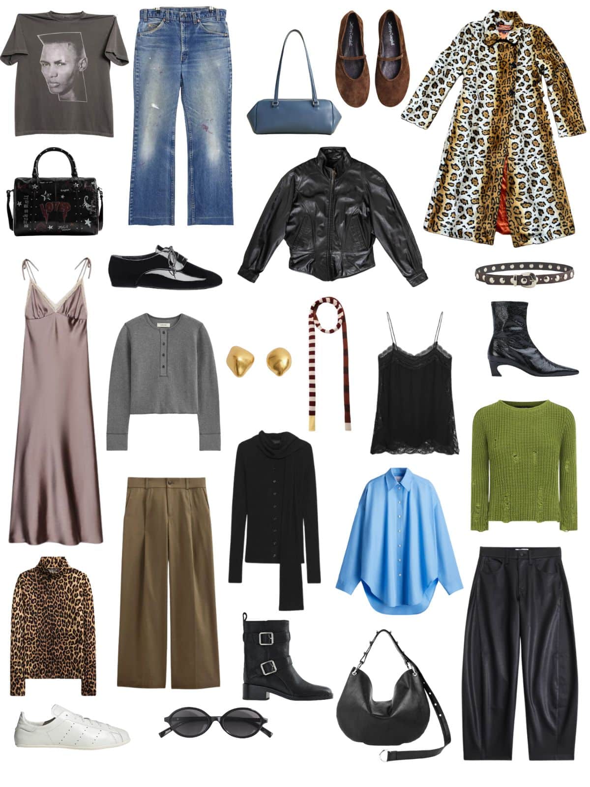 A white background with 12 pieces of clothing plus shoes and accessories for Avant-Grunge: A Fall Capsule Wardrobe for Raw Refinement.