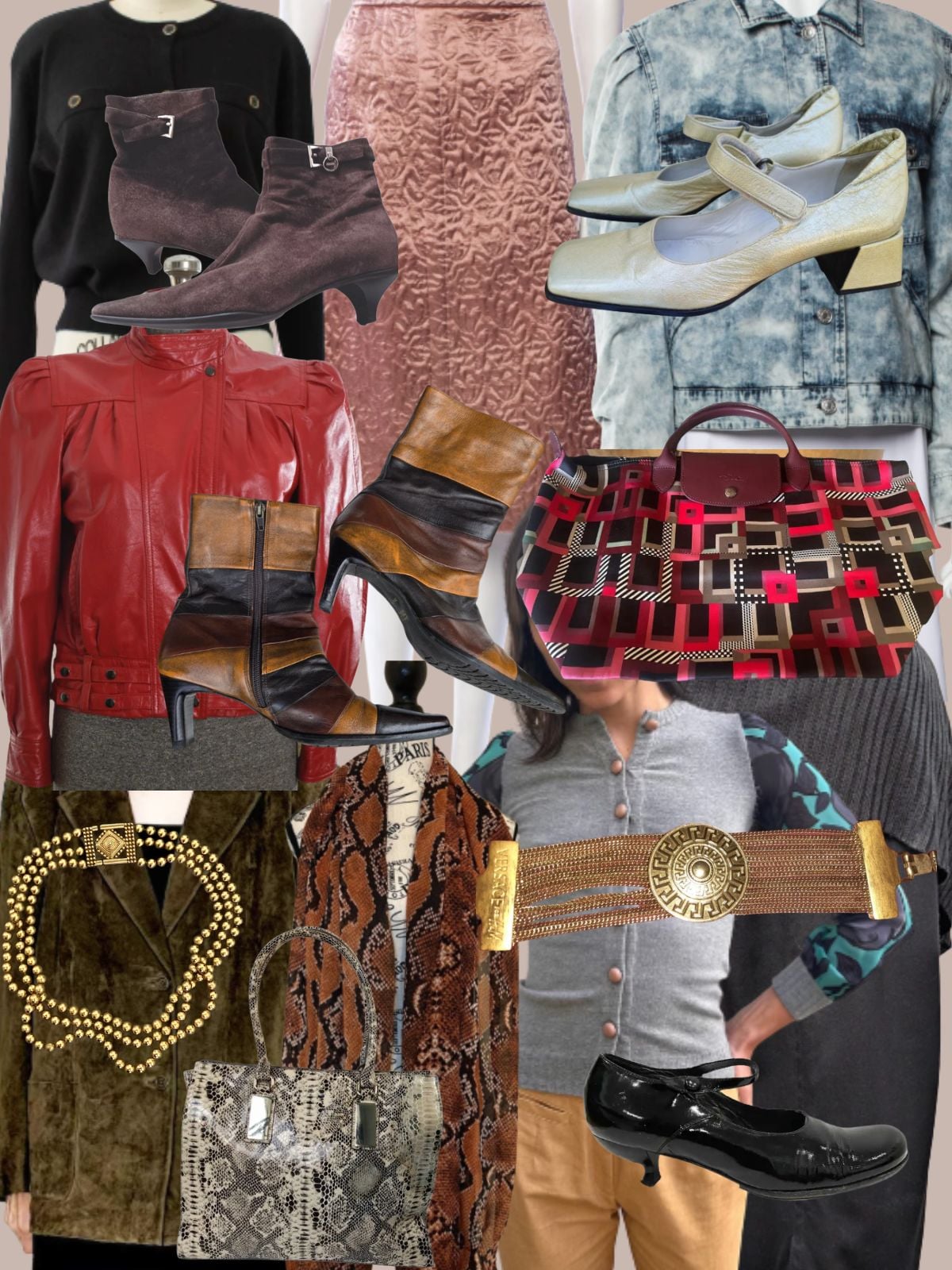 a collage of different types of women's clothing and accessories. All vintage or secondhand.