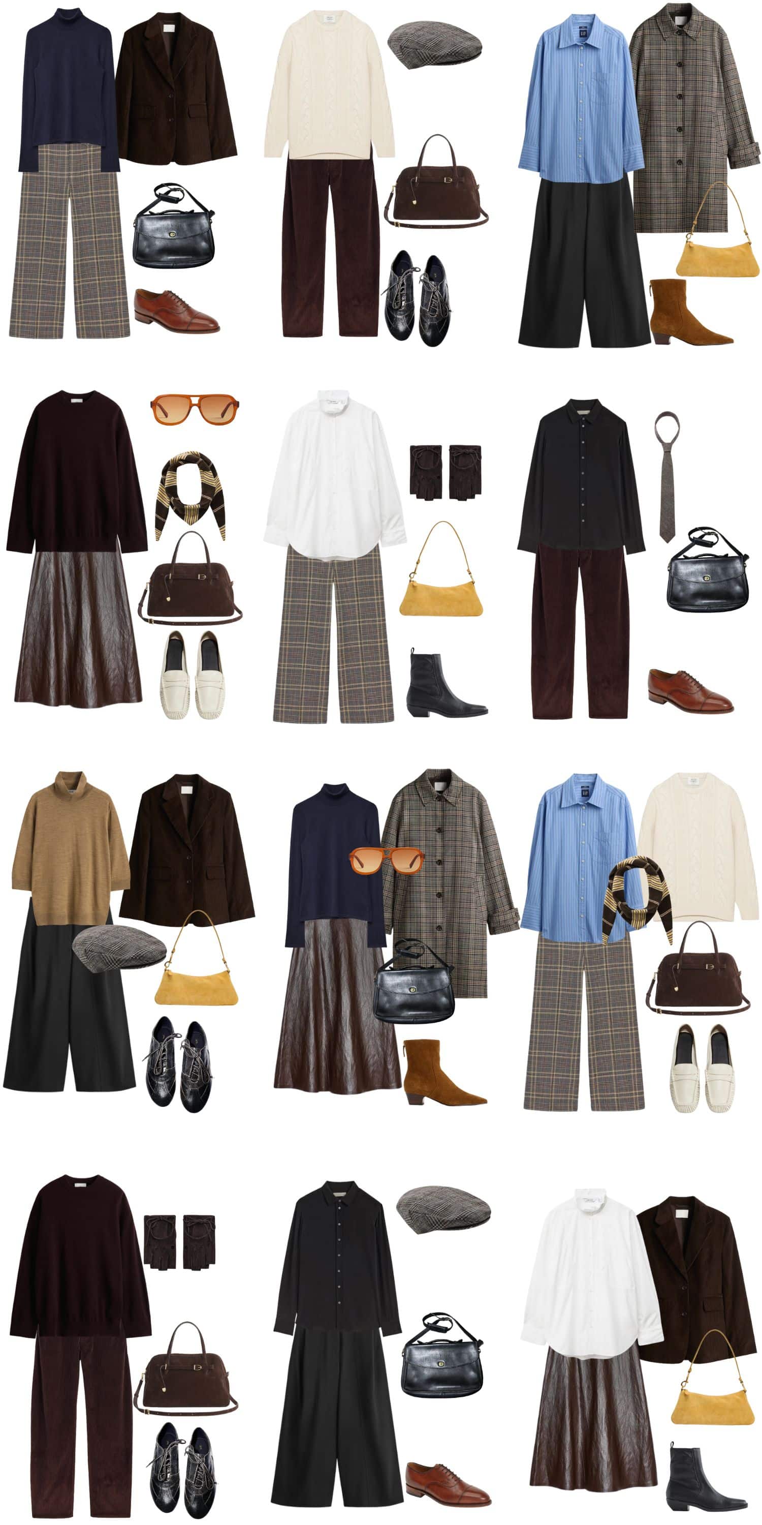 A white background with 12 outfits for Dark Academia Fall Capsule Wardrobe.